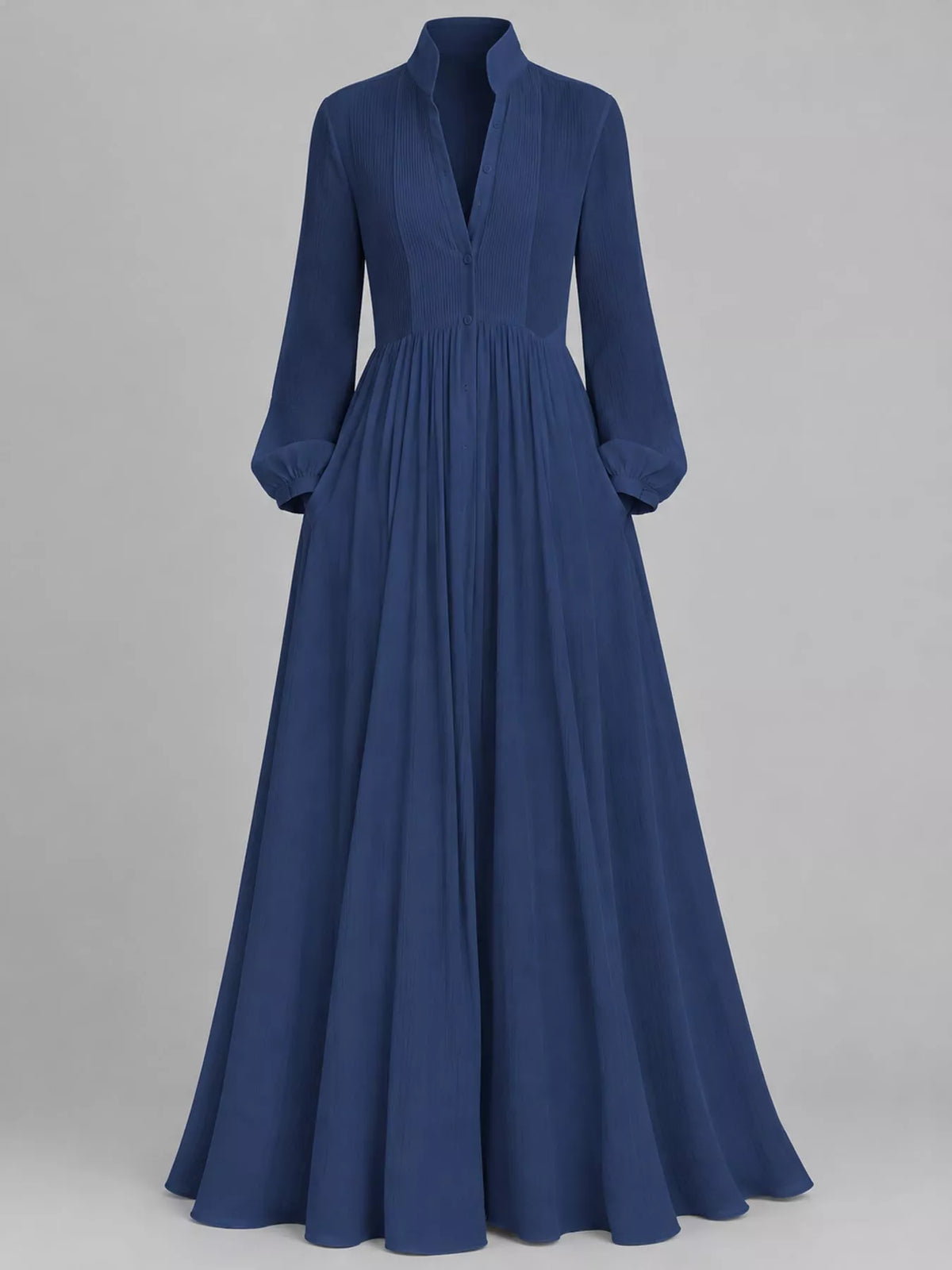 Blue long sleeve button-front maxi dress, product view
