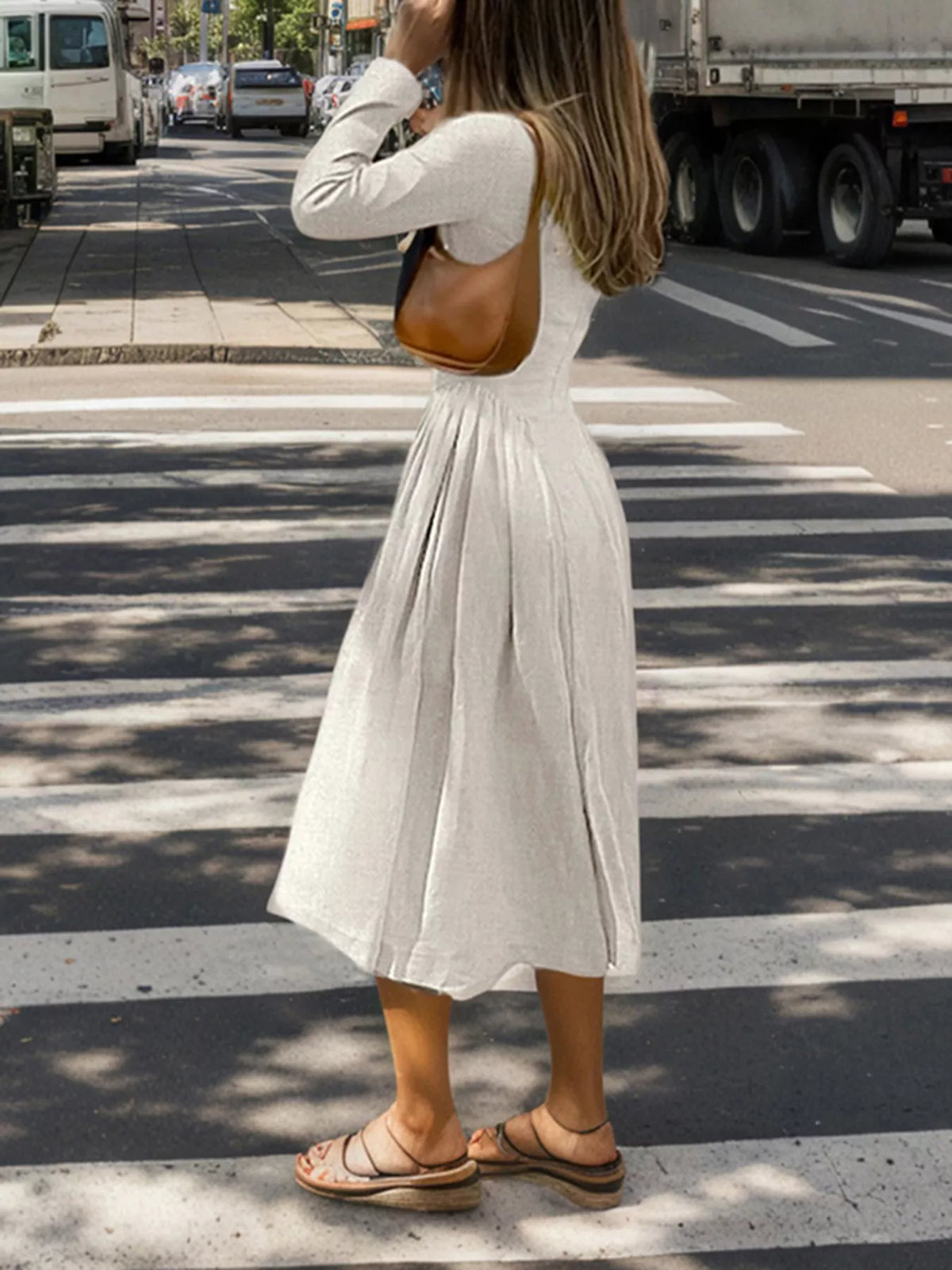 Keyhole Long-Sleeve Midi Dress in beige, side and back view