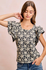 Trendsi BiBi Floral Jacquard Ruffle Sleeves Knit Top -