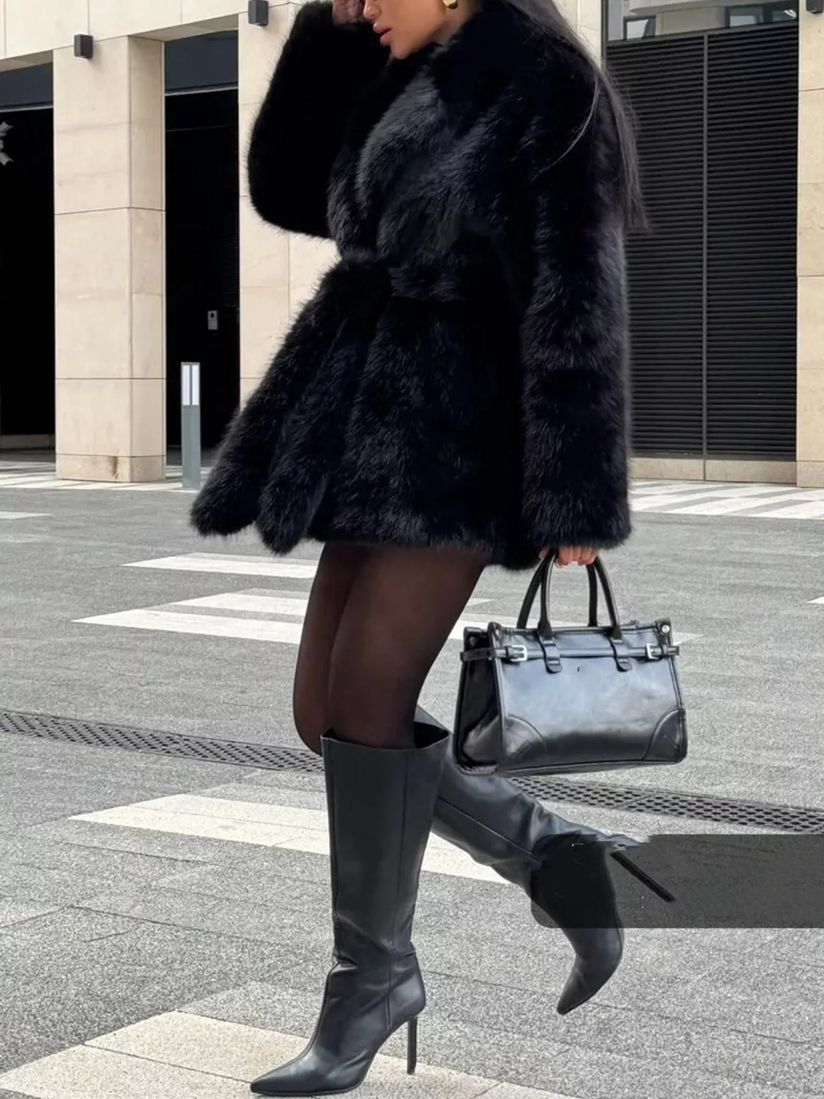 Faux Fur Belted Coat in black