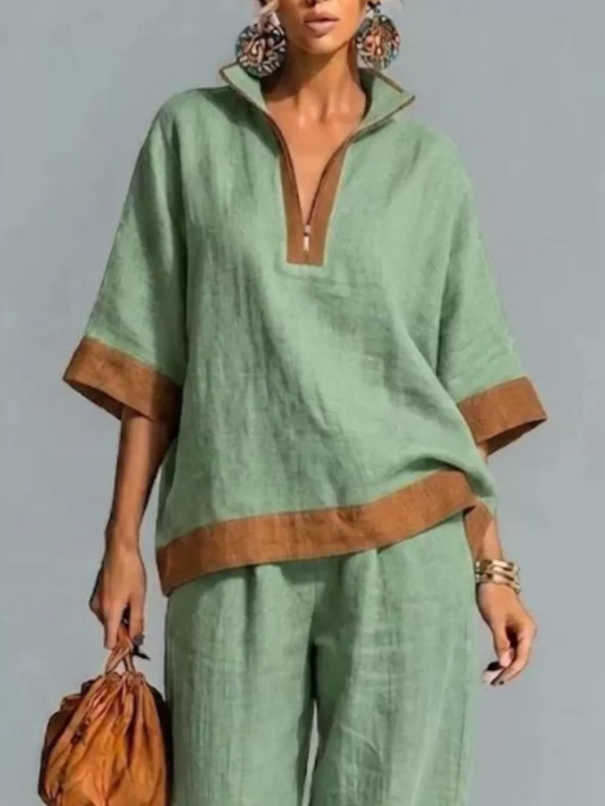 Trendsi Full Size Contrast Trim Top and Wide Leg Pants Set Plus Size -