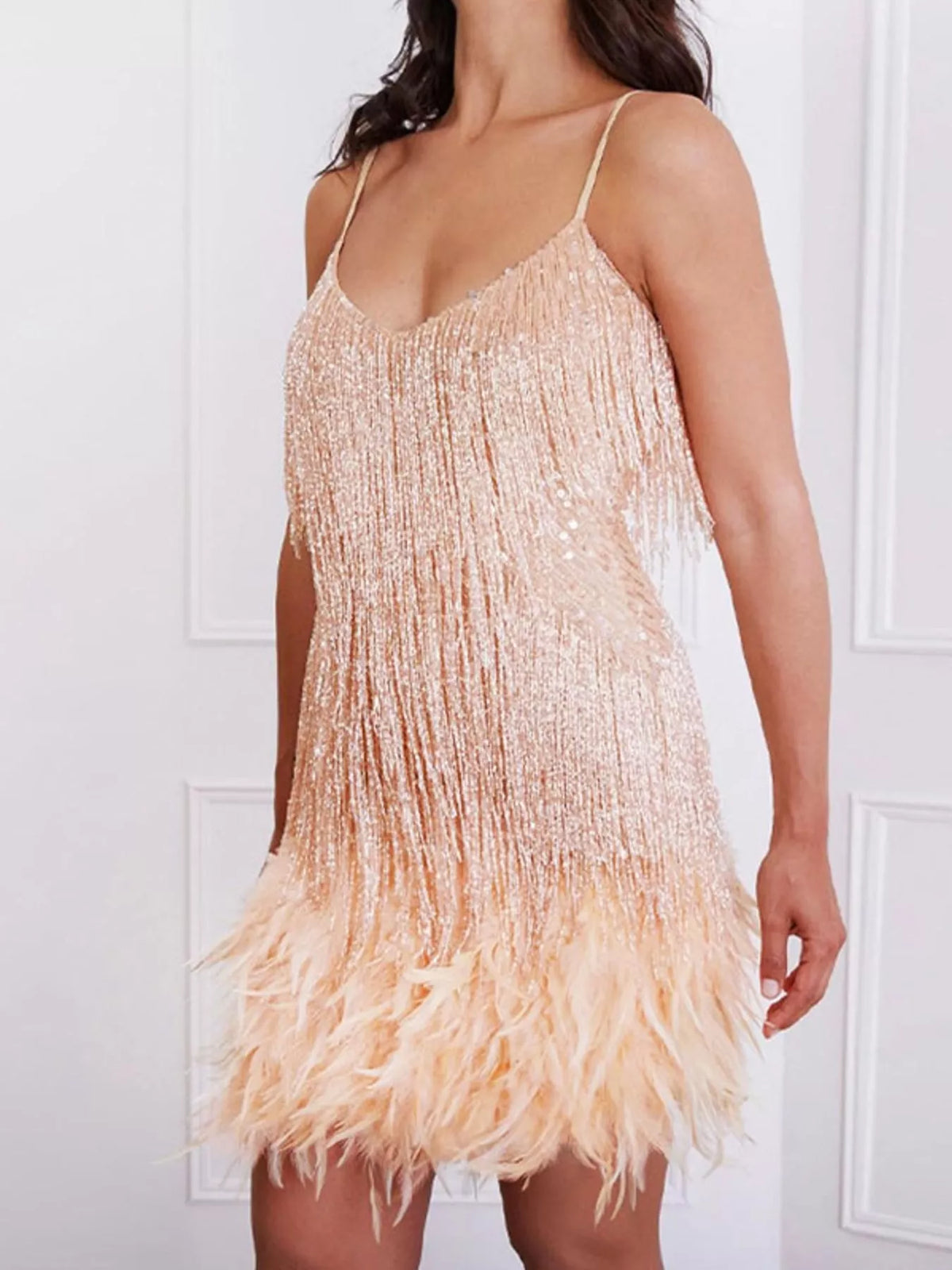 Peach feather fringe sequin mini dress, front view