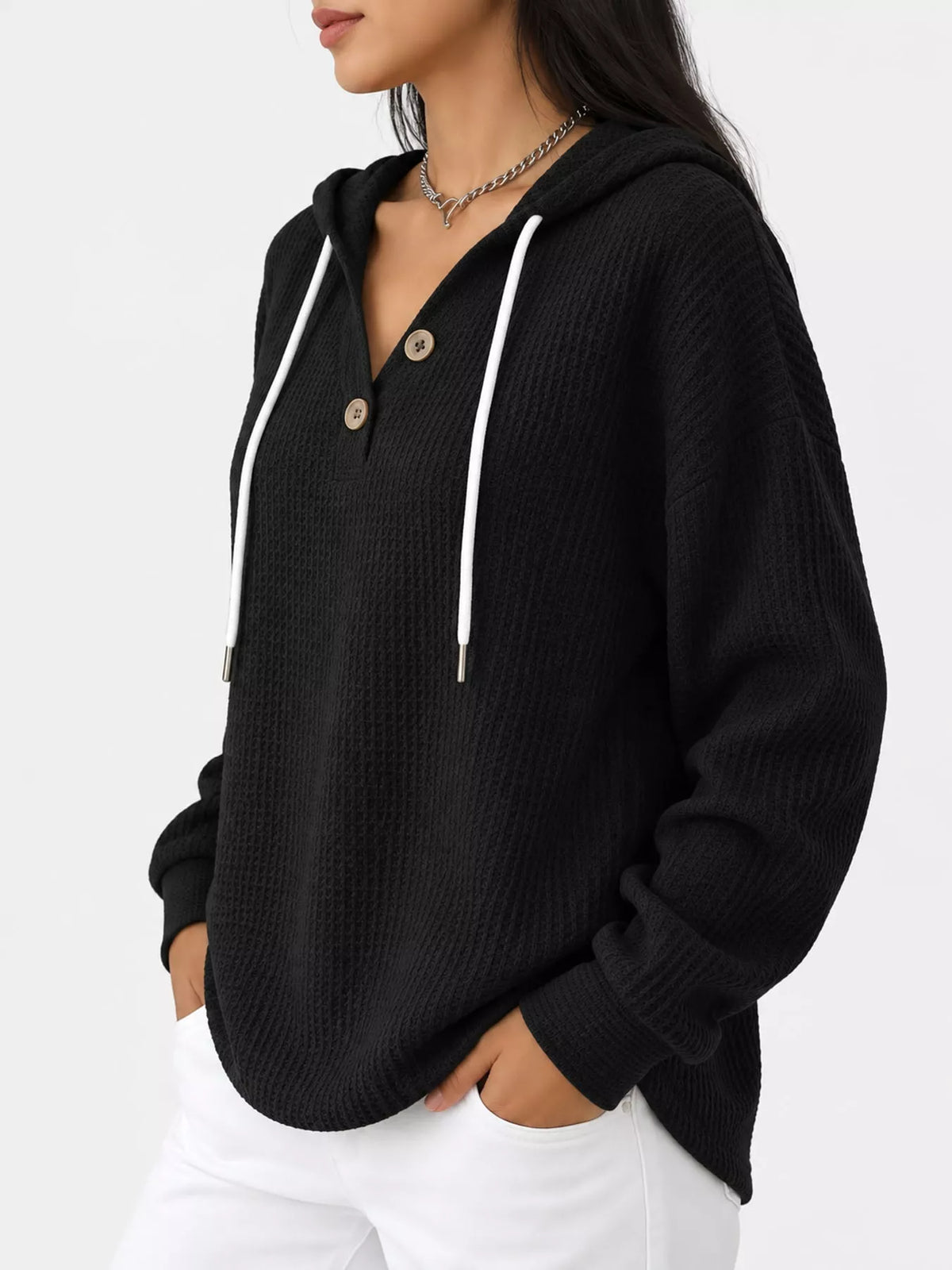 Waffle-knit hoodie, black side