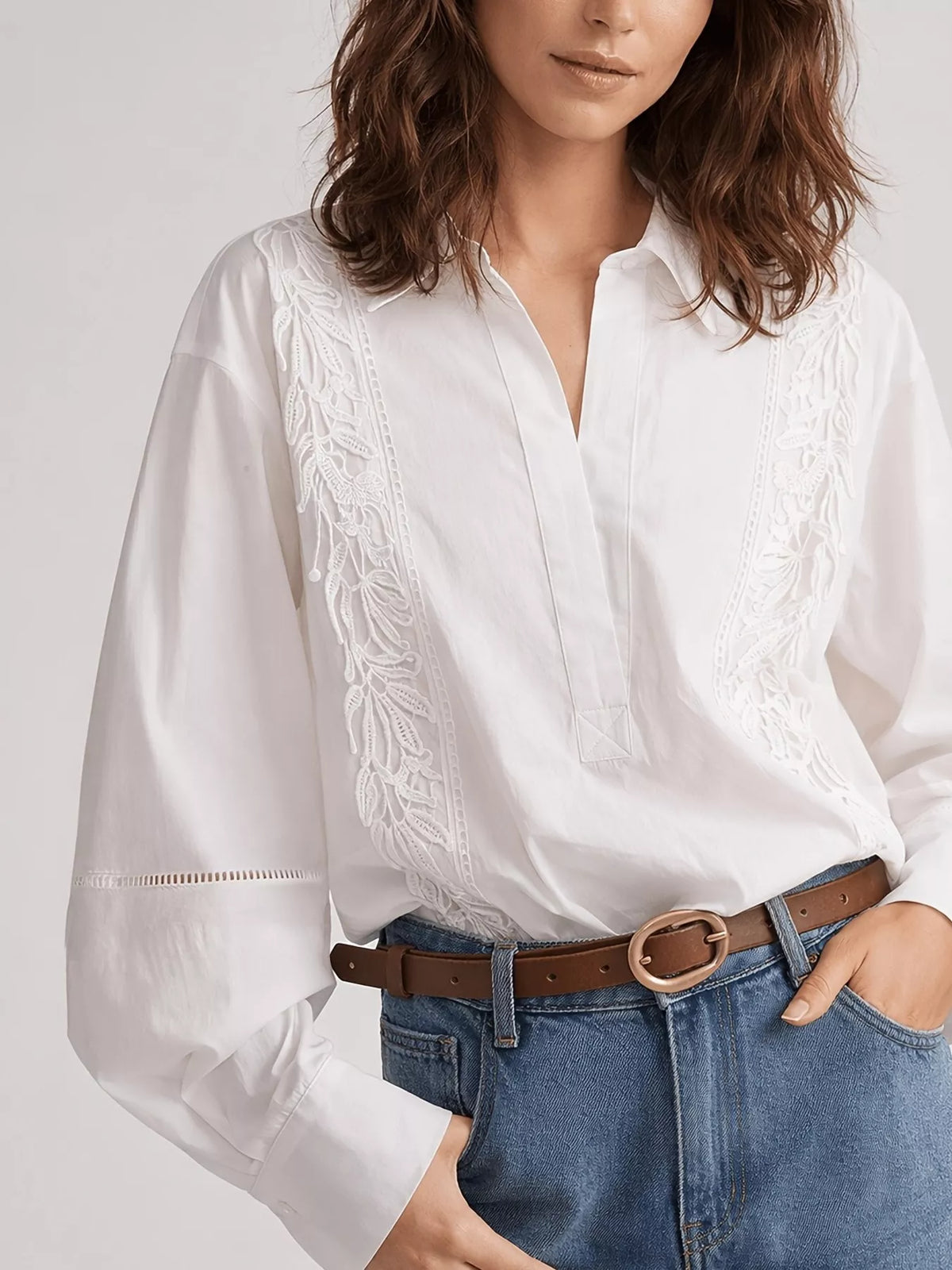 Women's Lace Detail Long Sleeve Shirt in white — front view