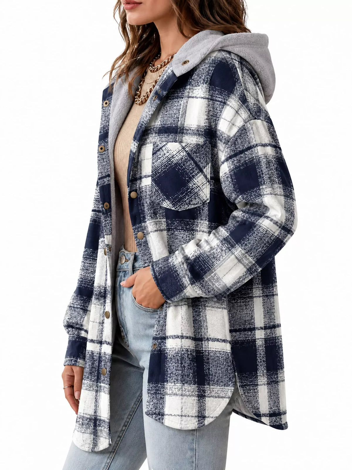 Navy Blue plaid hooded button up jacket