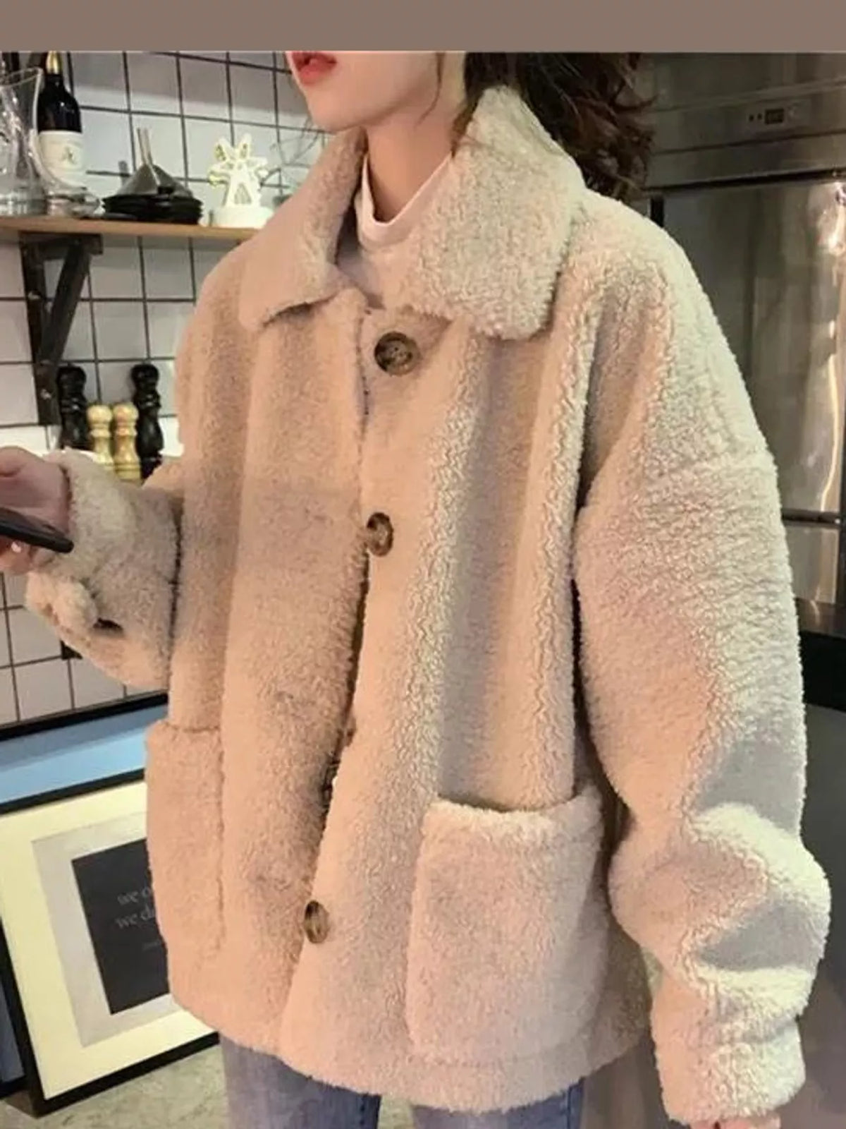Beige button-down teddy jacket — front view