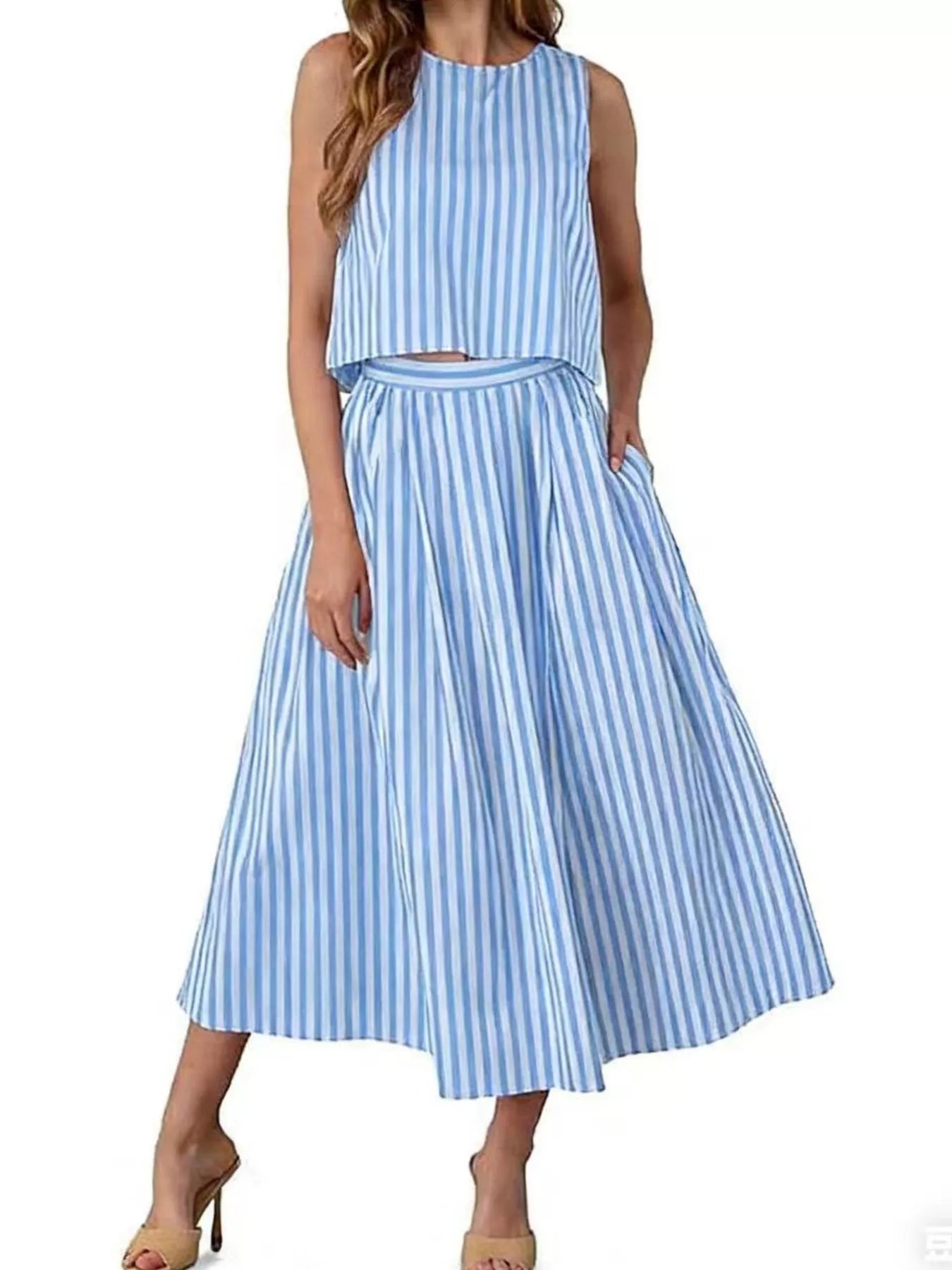 Trendsi Striped Sleeveless Top and Midi Skirt Two-Piece Set -