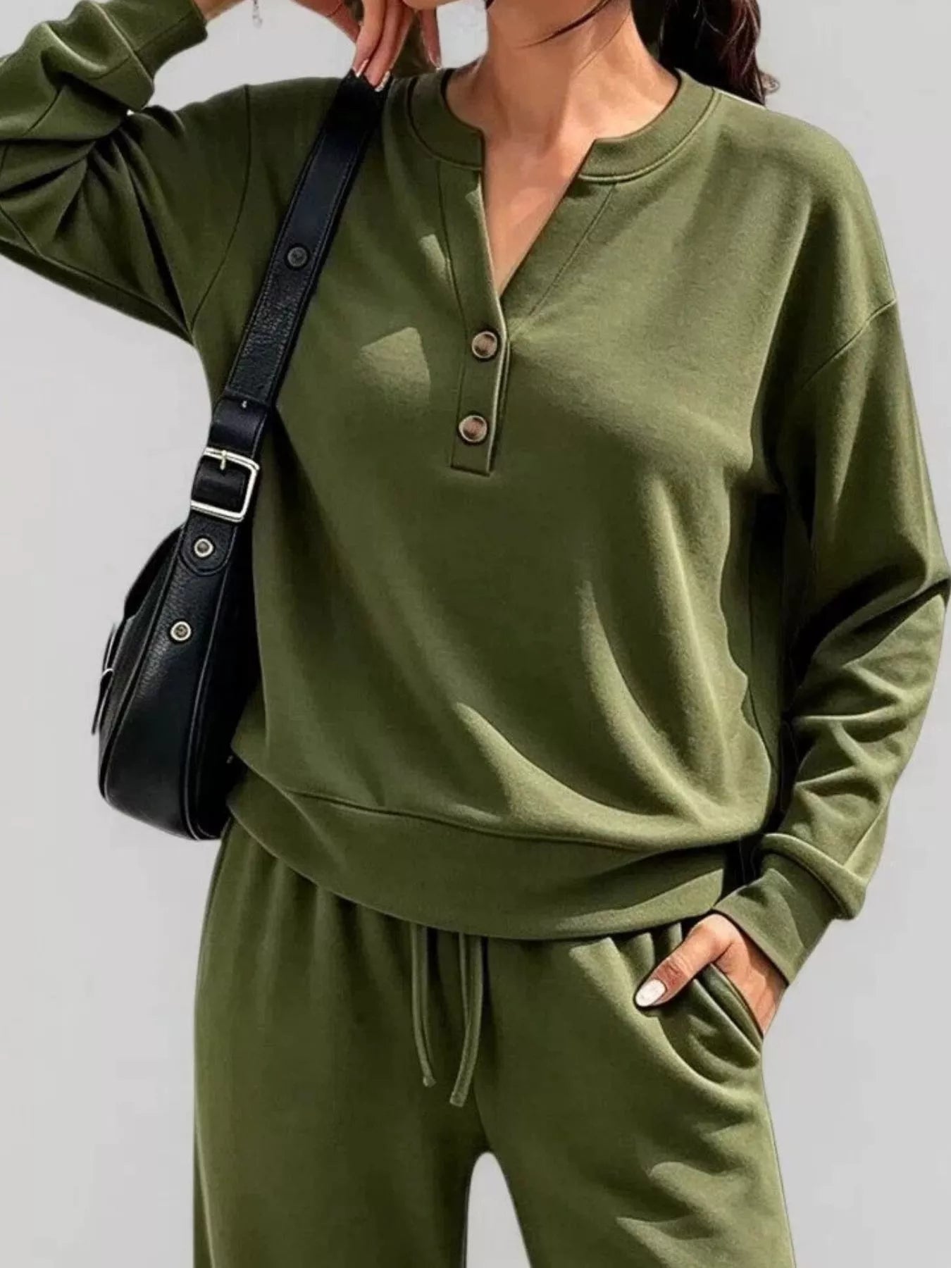 Button-detail dropped-shoulder top and pants set