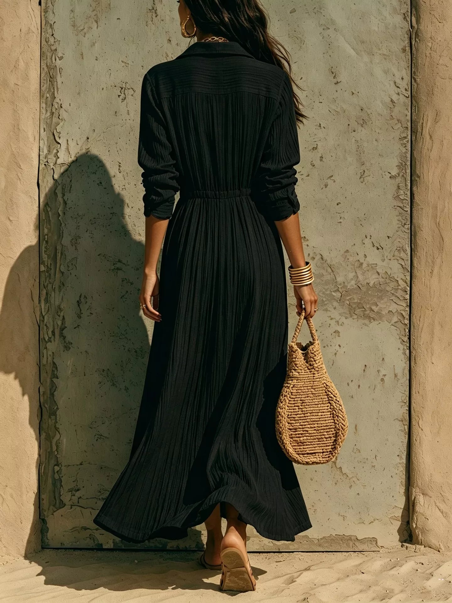 Trendsi Full Size Textured Button Front Long Sleeve Maxi Dress Plus Size -