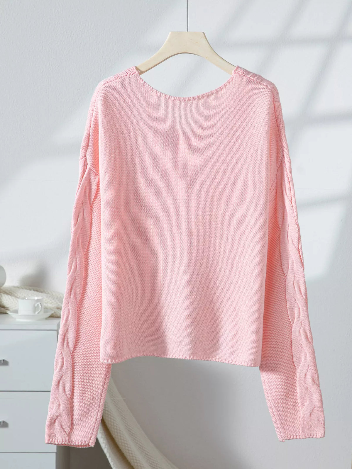 V-neck long sleeve sweater, back view