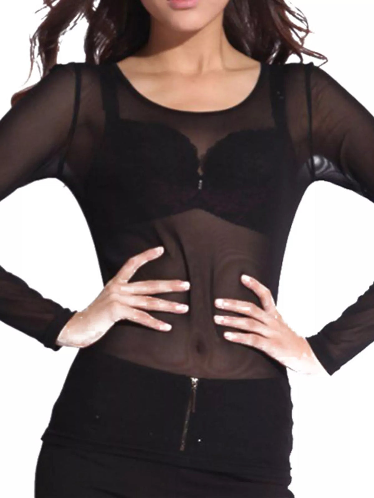Black sheer mesh long sleeve top, front view