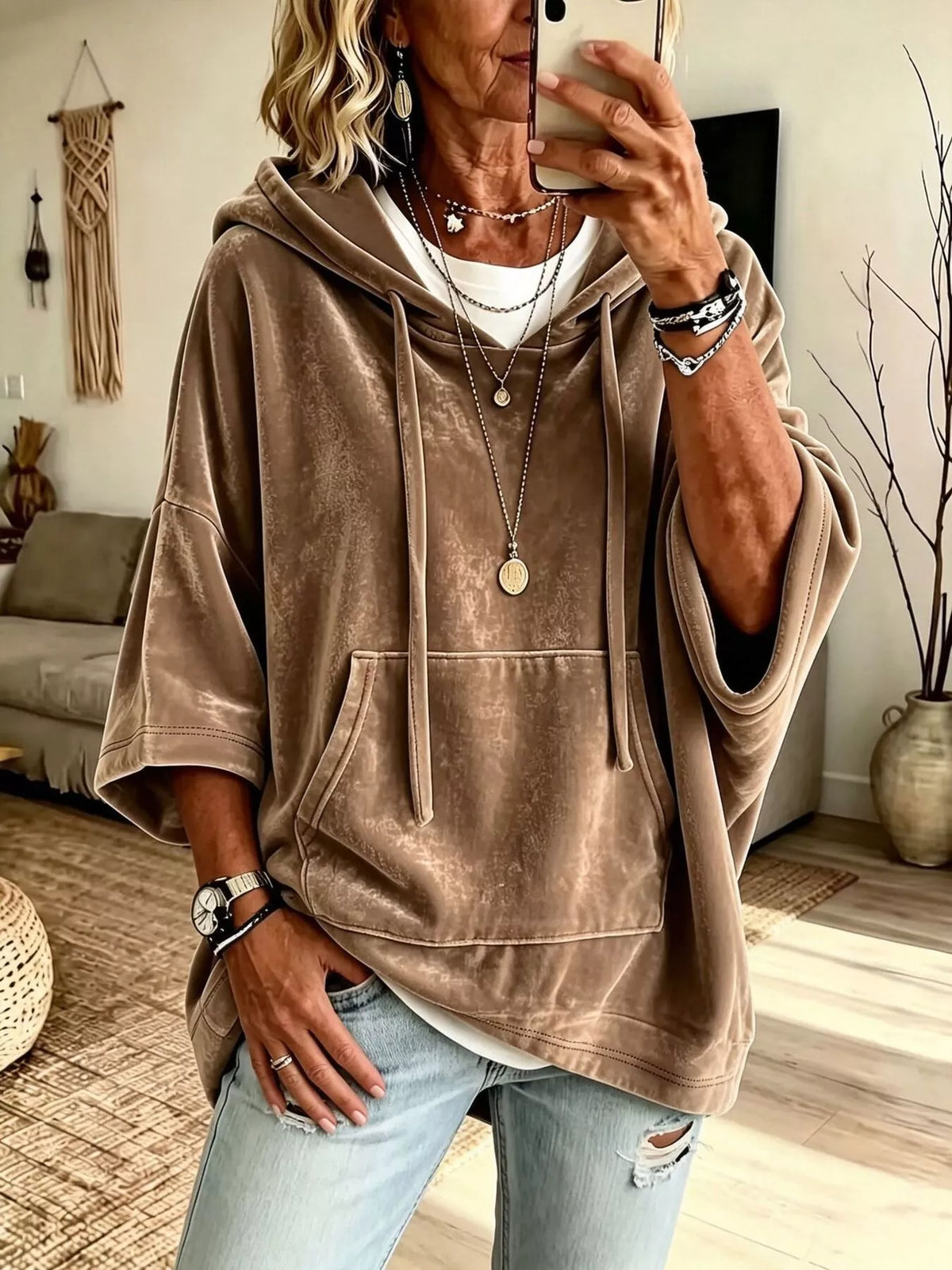 Camel velvet kangaroo pocket drawstring hoodie