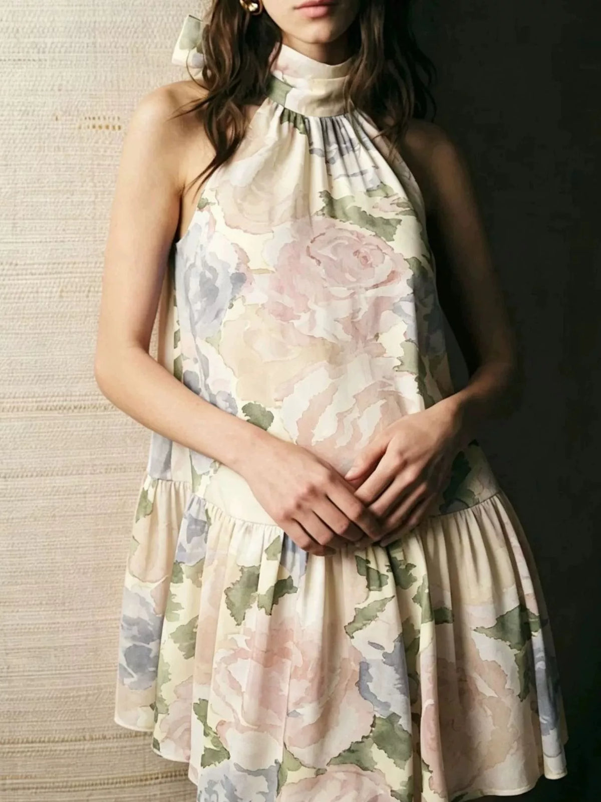 Cream Floral Print Sleeveless Mini Dress with Bow front detail