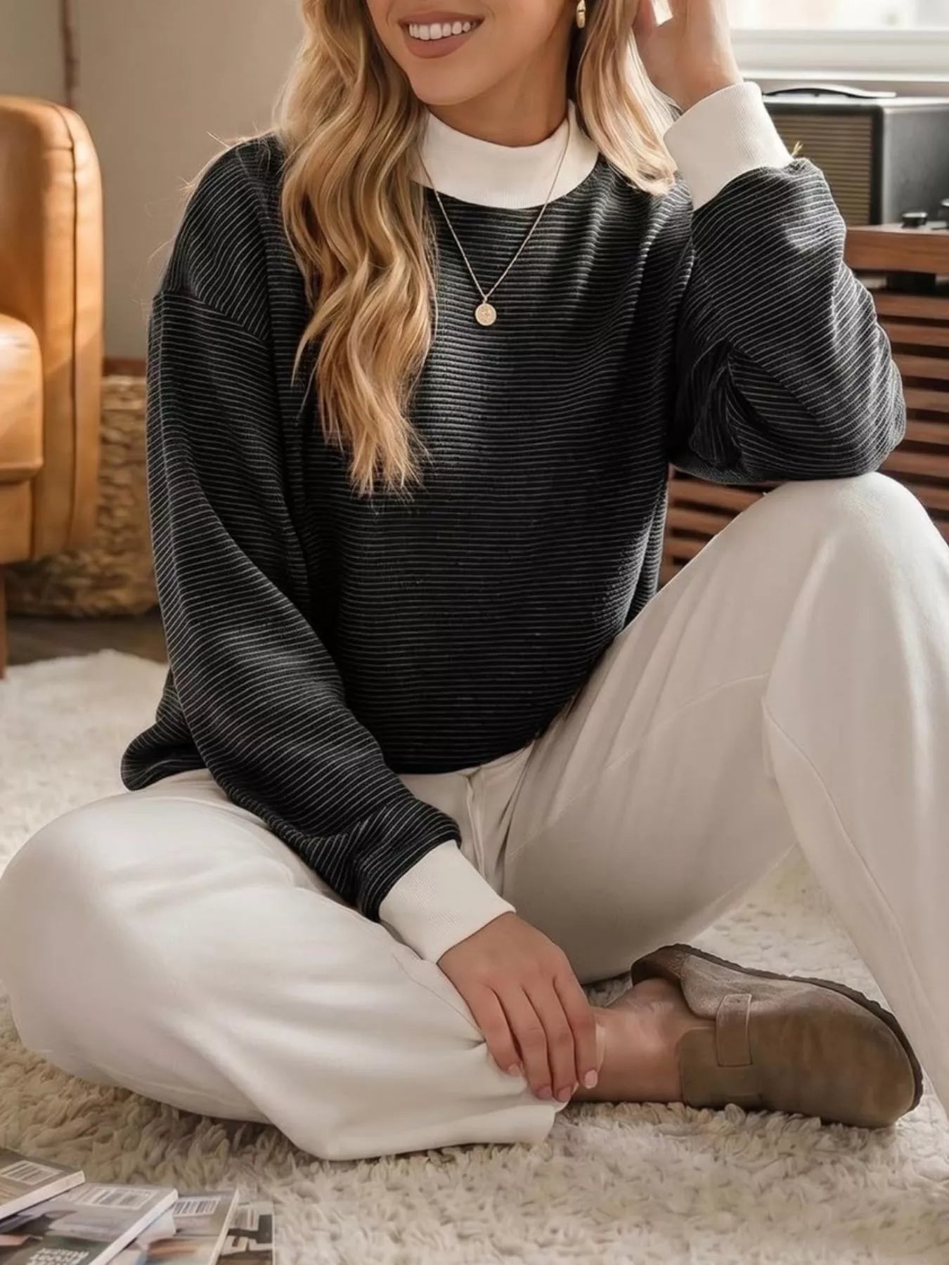 Trendsi Casual Mock Neck Striped Long Sleeve T-Shirt -