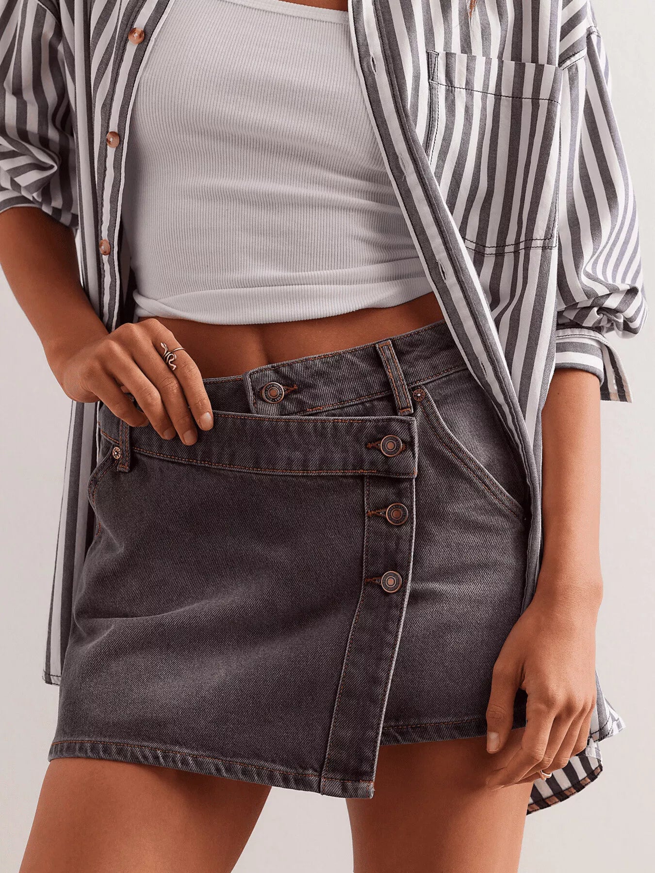 Trendsi Asymmetrical Button-Front Denim Skirt -