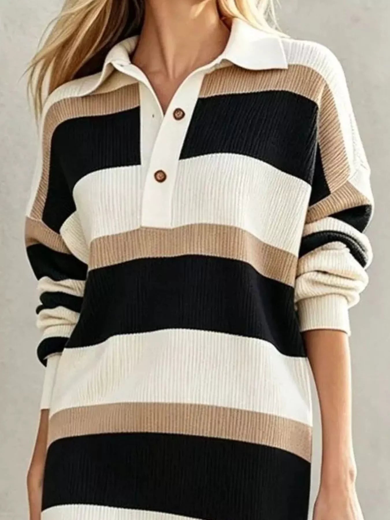 Trendsi Striped Polo Collar Long Sleeve Sweater Dress -