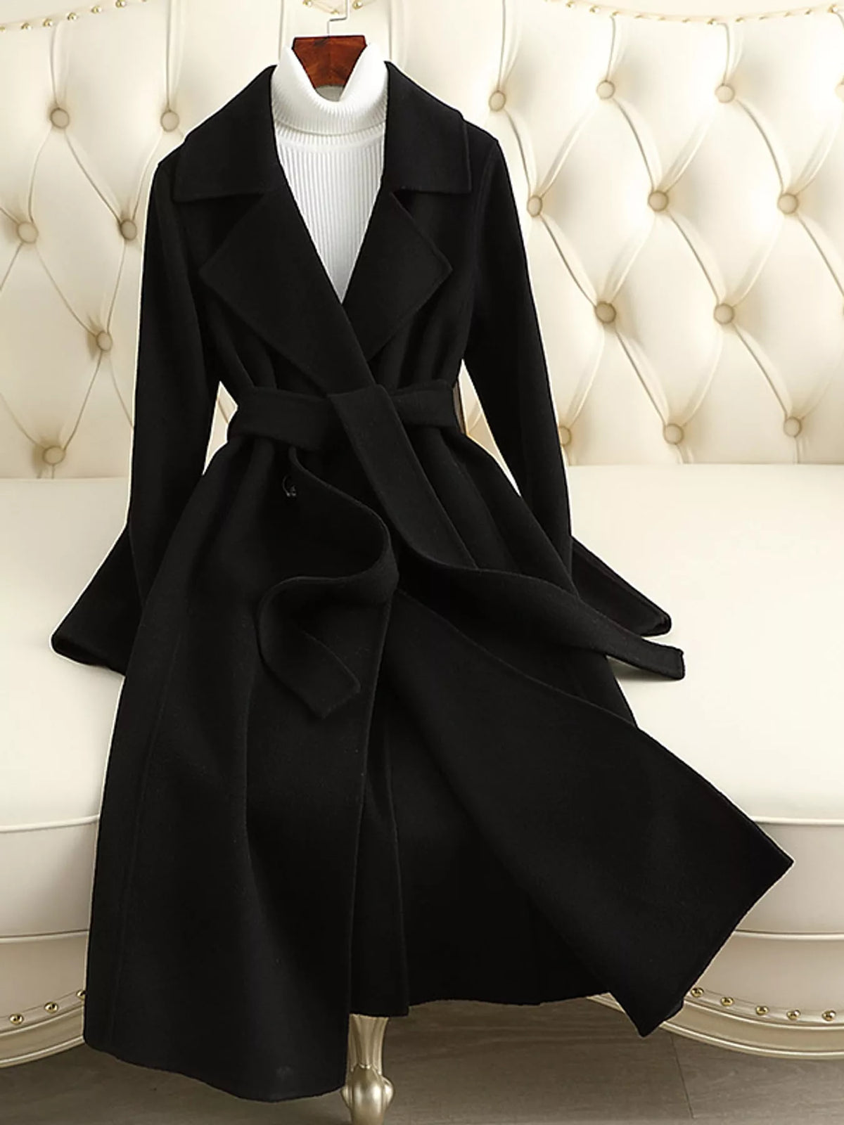 Black belted longline wool coat
