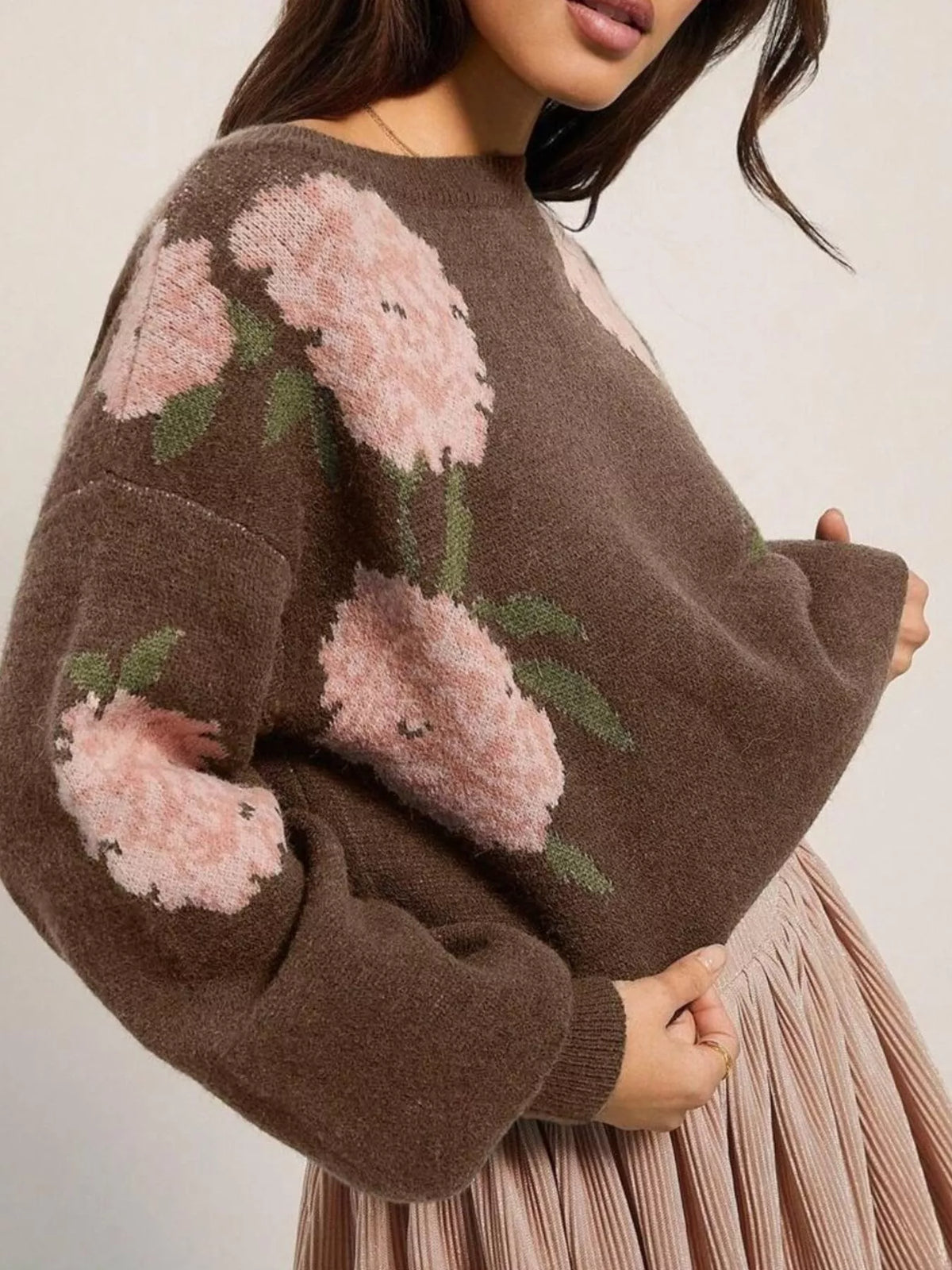 Brown floral pattern sweater, floral knit pattern and ribbed cuff