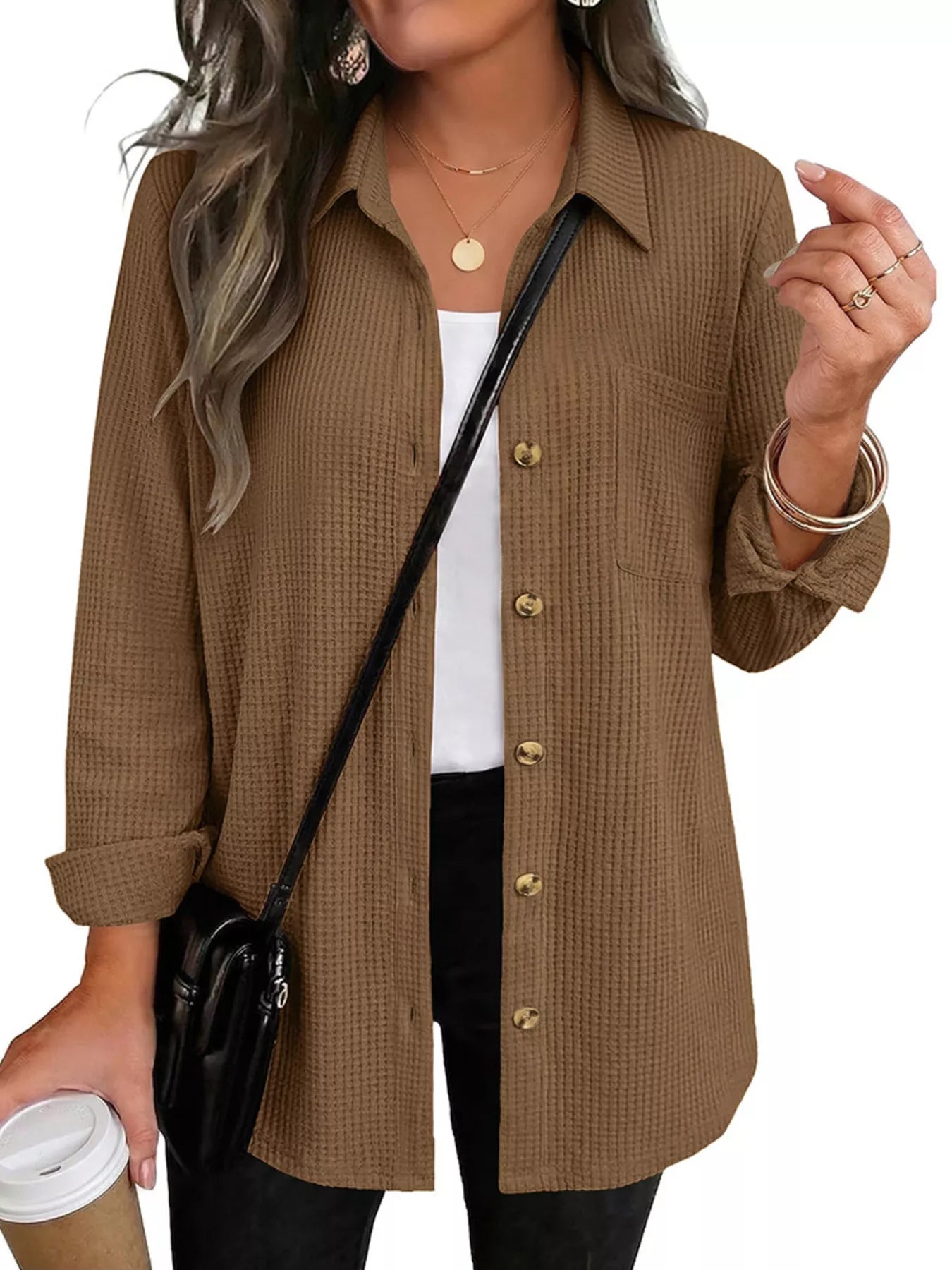Trendsi Waffle Knit Button-Down Long Sleeve Shirt -