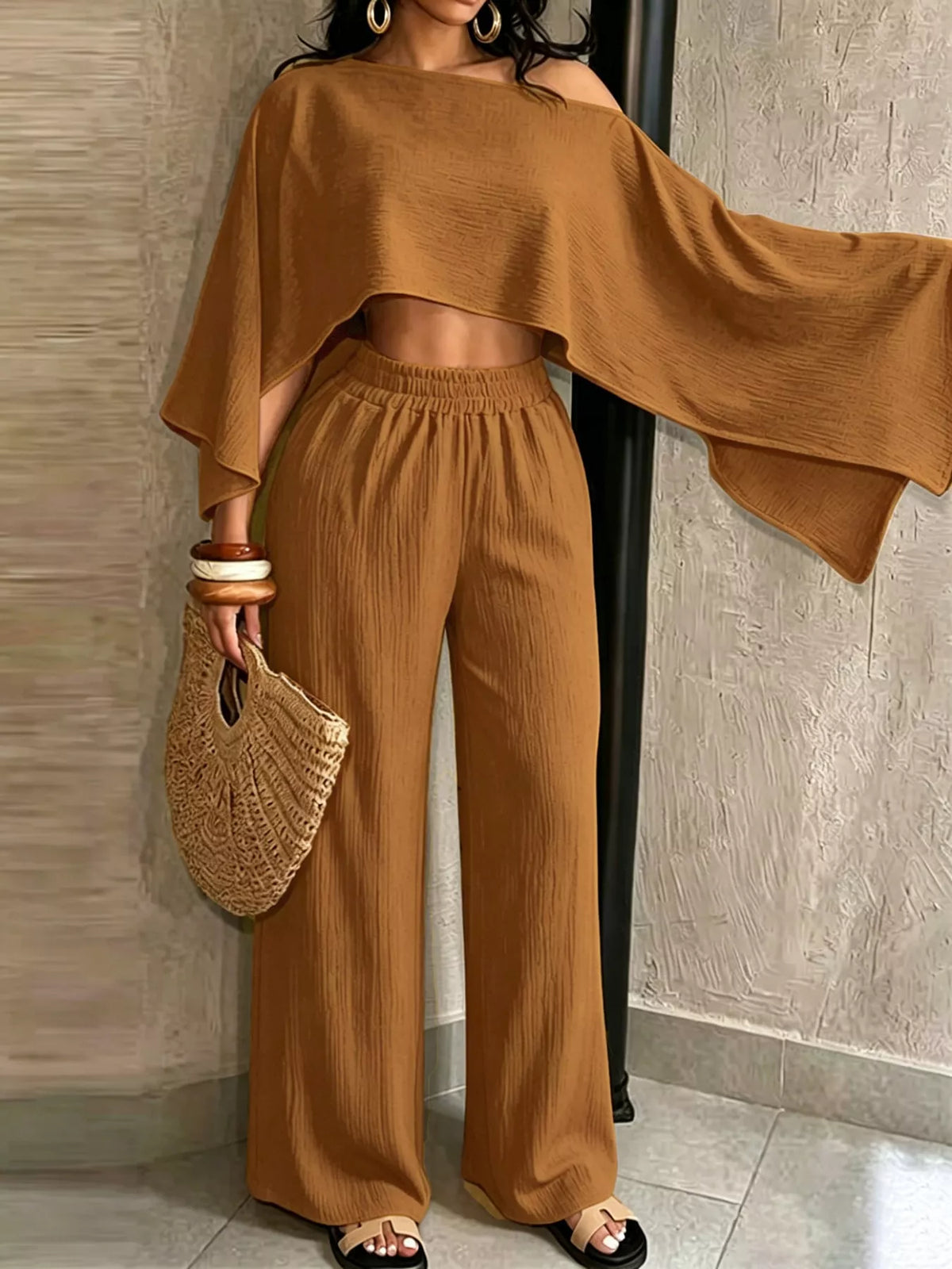 Women's Boat Neck Crop Top and Wide-Leg Pants Set in camel — front view