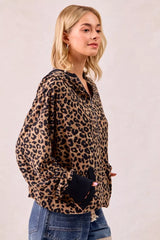 Trendsi BiBi Leopard Print Waffle Half Zip Up Hoodie W Pocket -