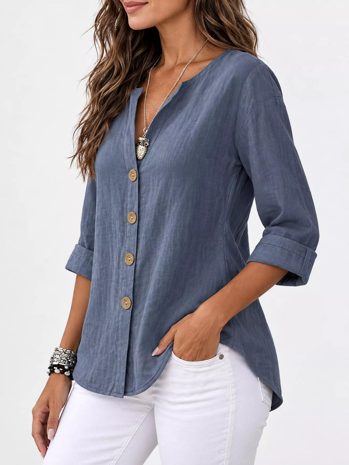 Notched-neck shirt, slate blue side