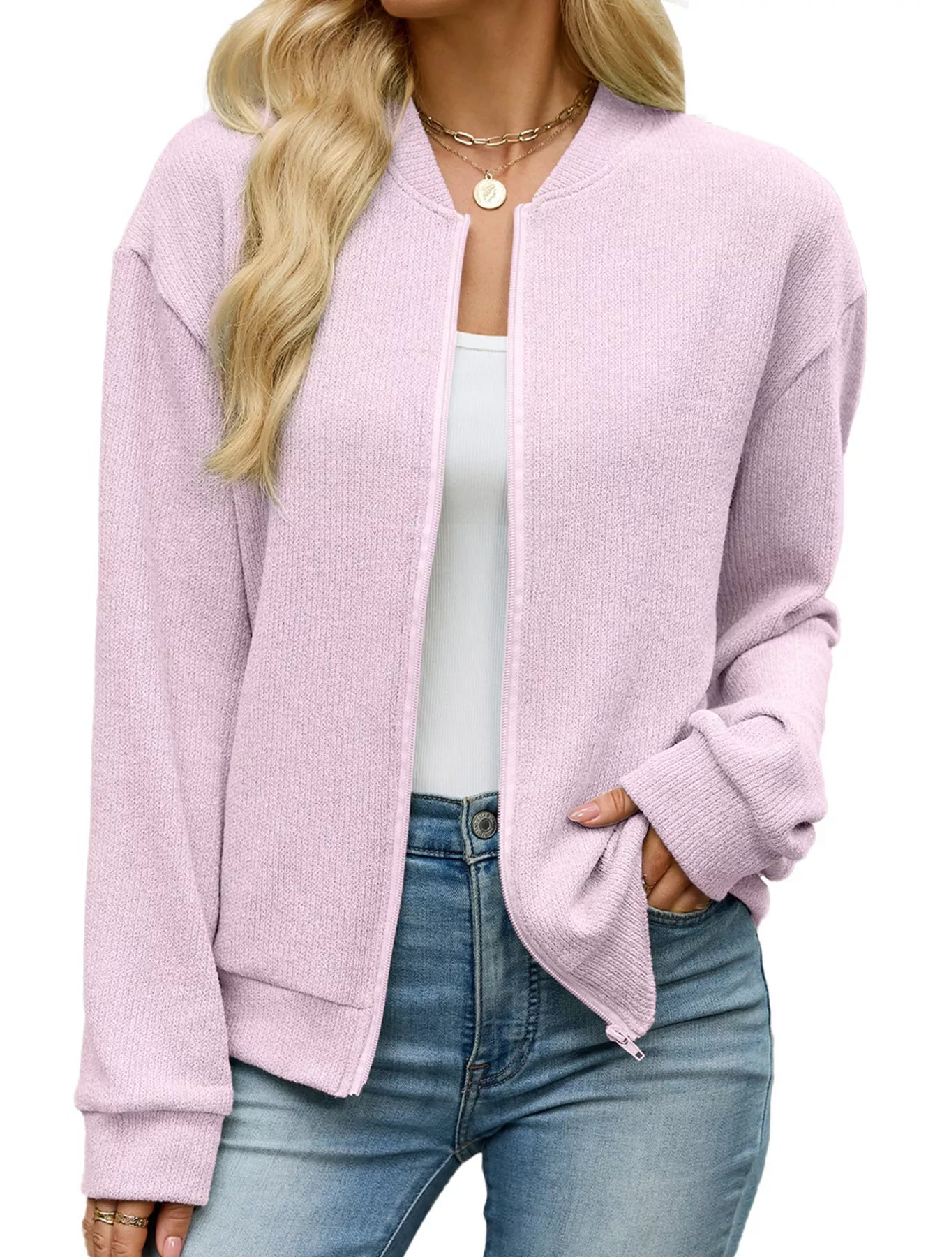 Trendsi Zip-Up Dropped Shoulder Top -
