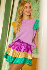 Trendsi BiBi Mardi Gras Color Block Metallic Tiered Skirt -