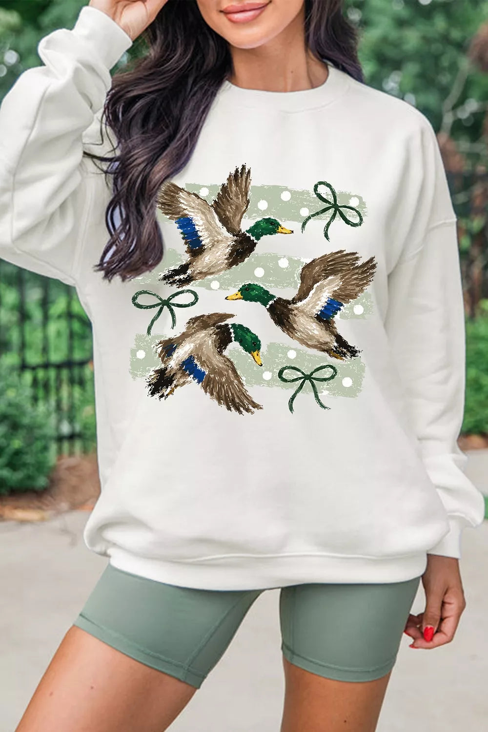 Mallard Bow Graphic Crew Neck Sweatshirt — front view