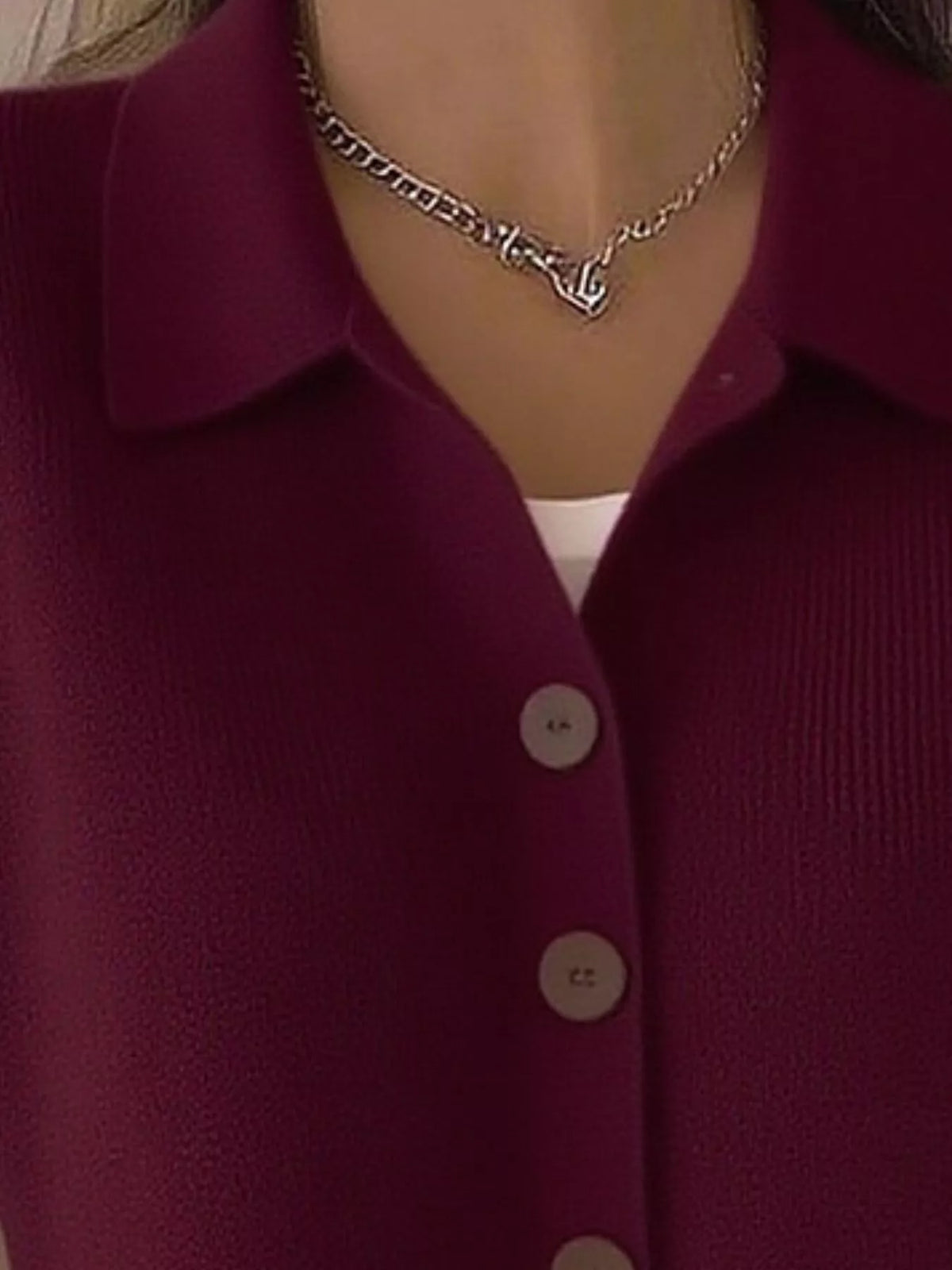 Wine Red collared button-down knit cardigan