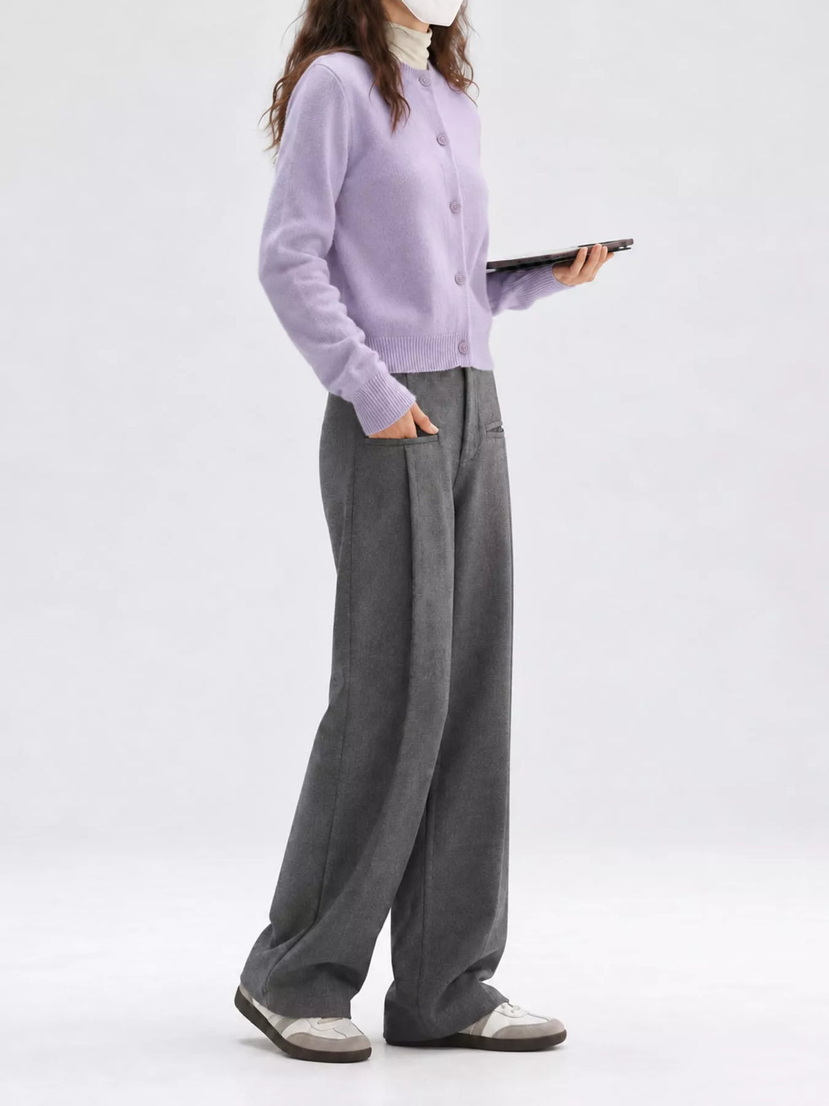 Button-Down Knit Crew Neck Cardigan in purple