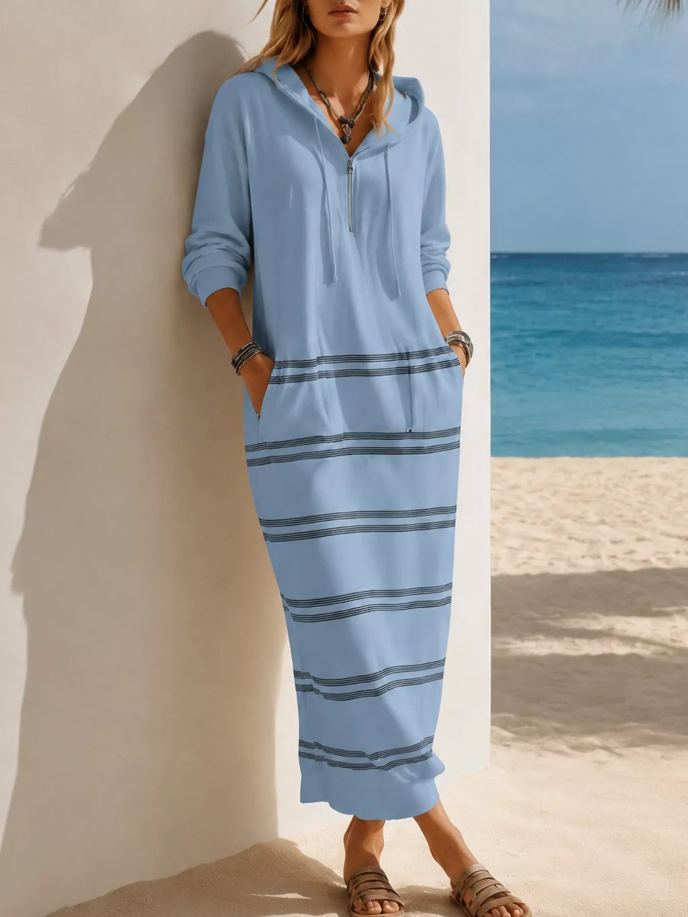 Trendsi Casual Striped Drawstring Hooded Dress -