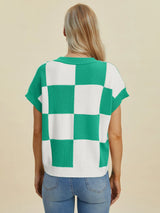 Trendsi Double Take Full Size Checkered Round Neck Short Sleeve Sweater -