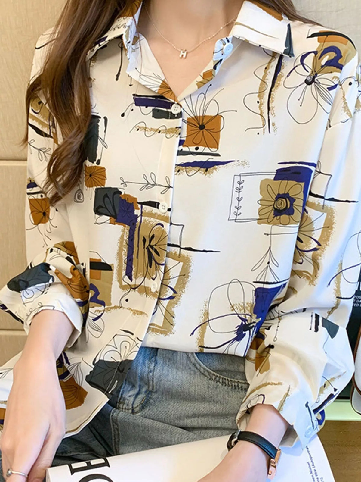 Printed Long Sleeve Button-Down Shirt in white with multicolor print