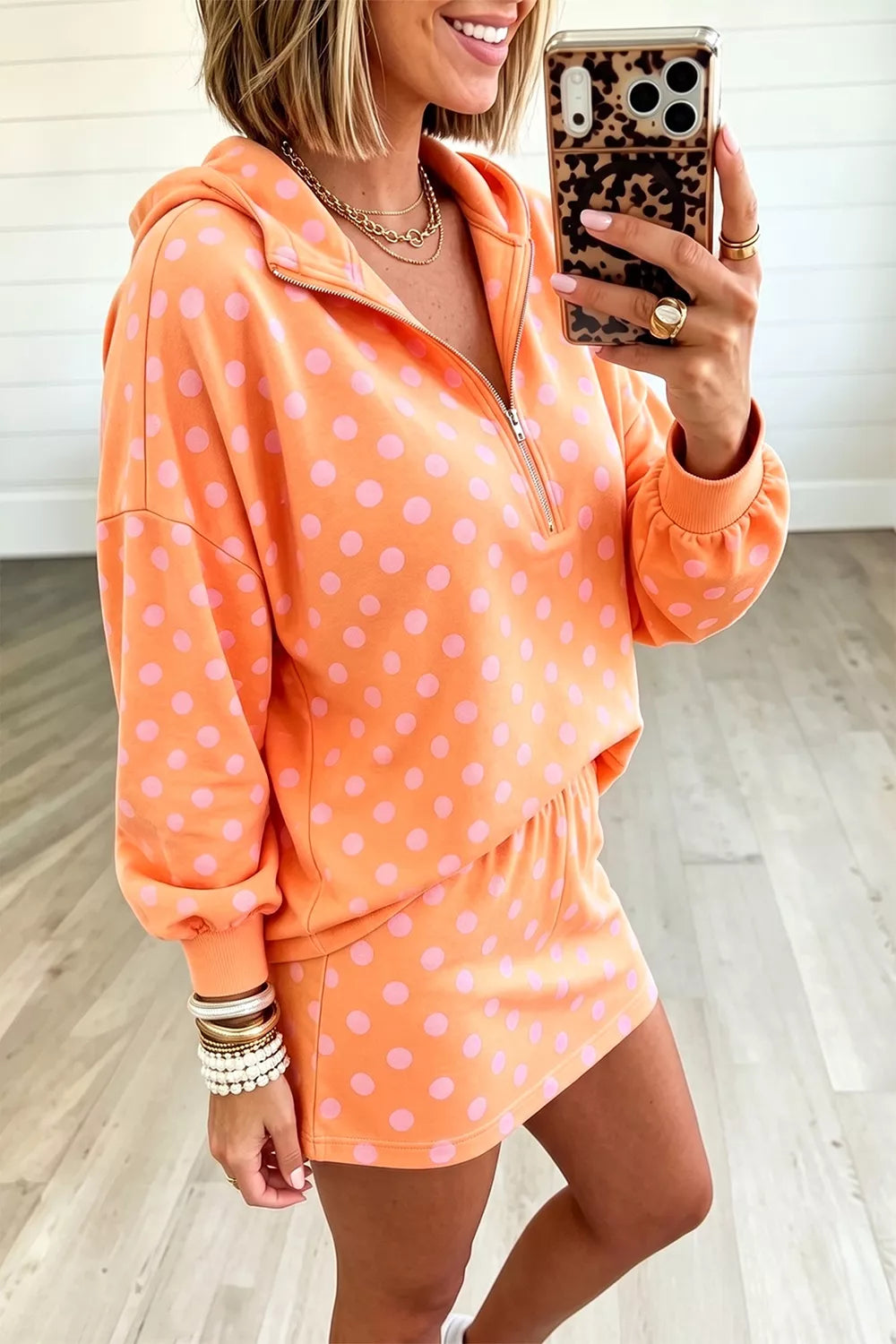Trendsi Polka Dot Quarter-Zip Hoodie and Skirt Set -