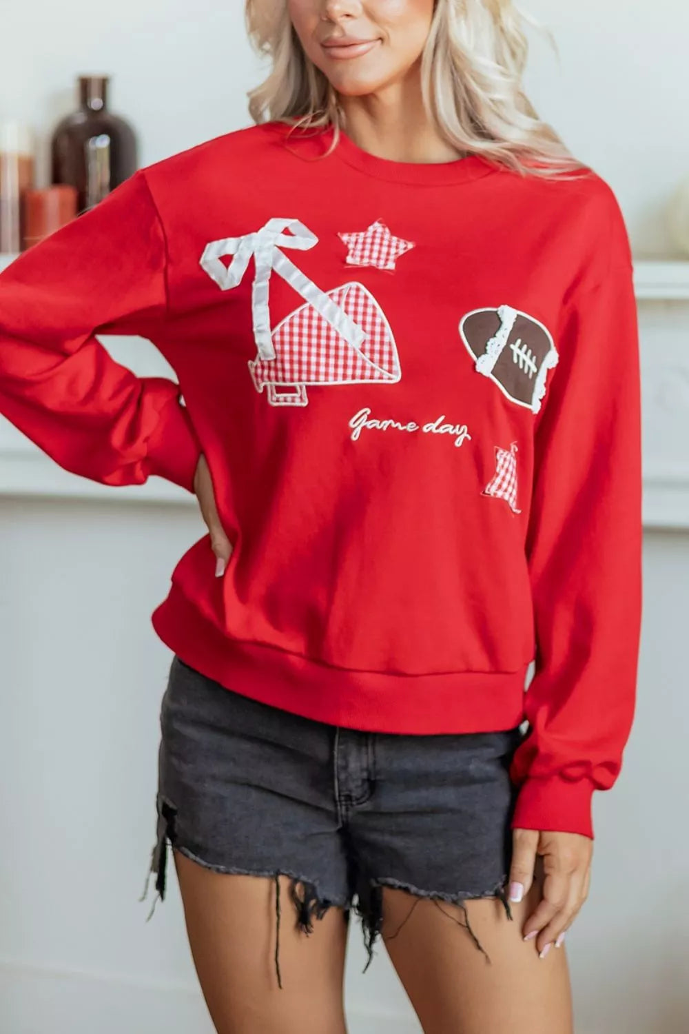 Trendsi Gingham Patch Embroidered Rugby Game Day Stars Sweatshirt -