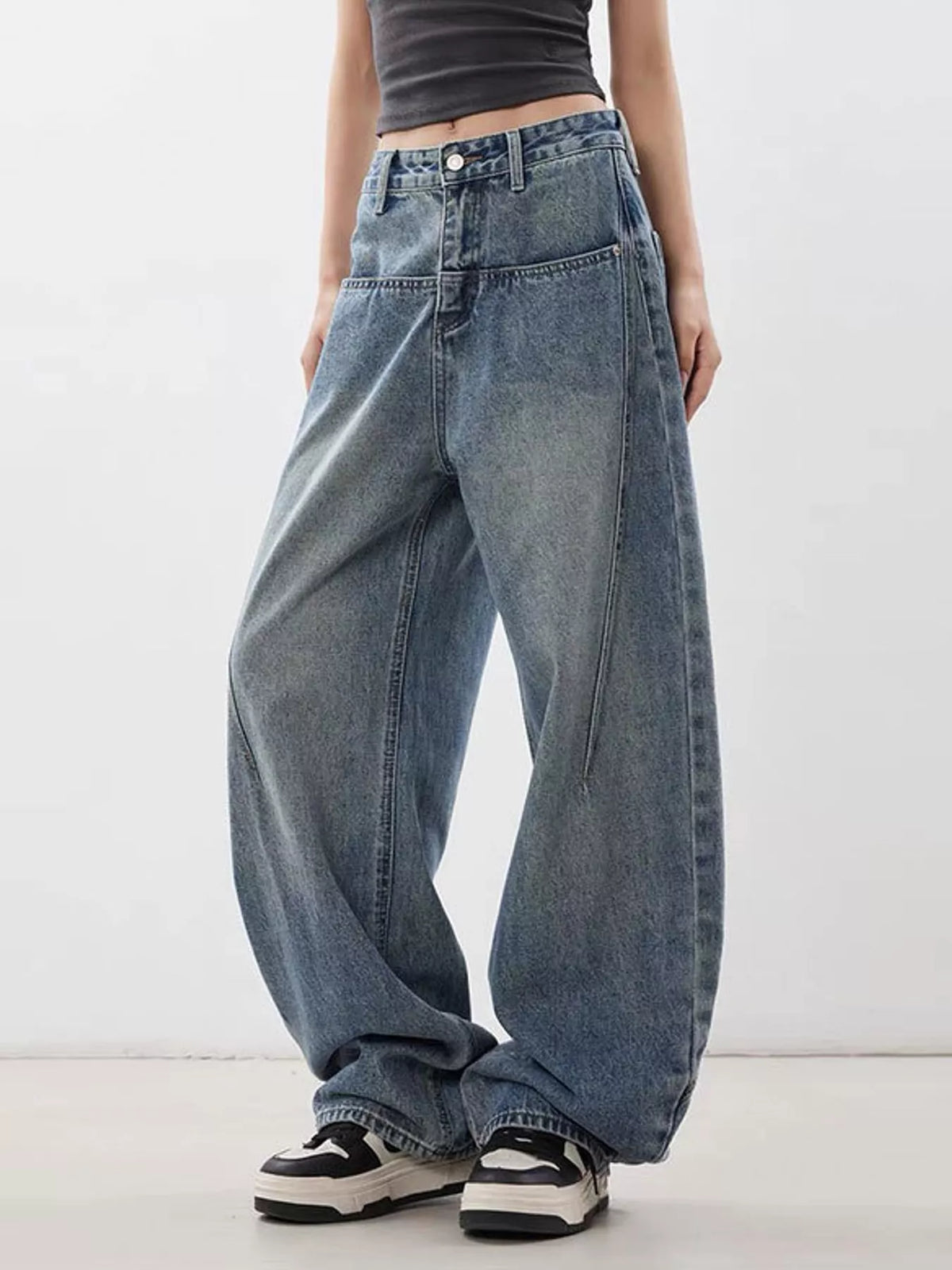 Blue wide leg baggy jeans, side view