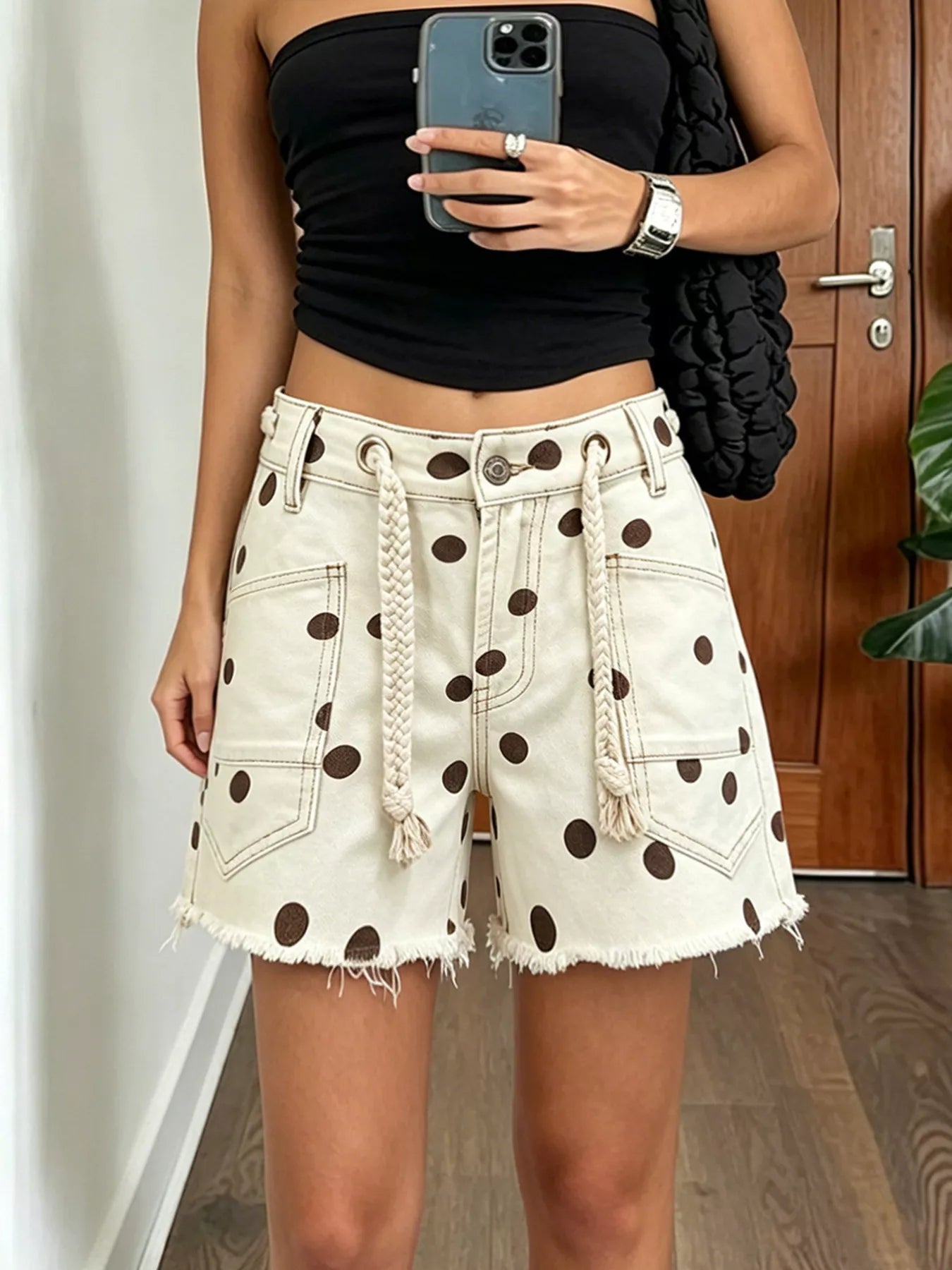Trendsi Polka Dot Denim Shorts with Braided Drawstring -