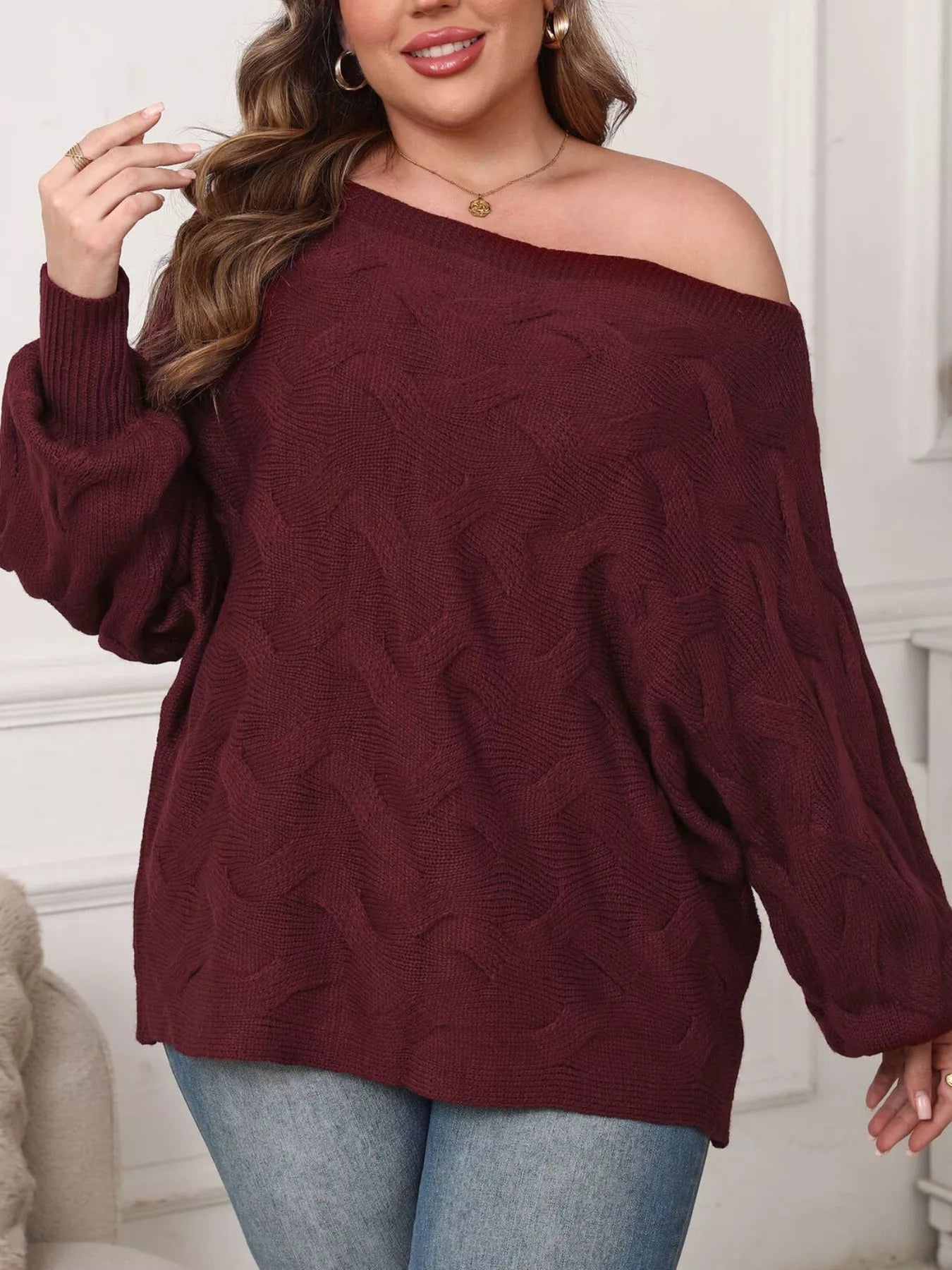 Trendsi Plus Size Off-Shoulder Long Sleeve Sweater -