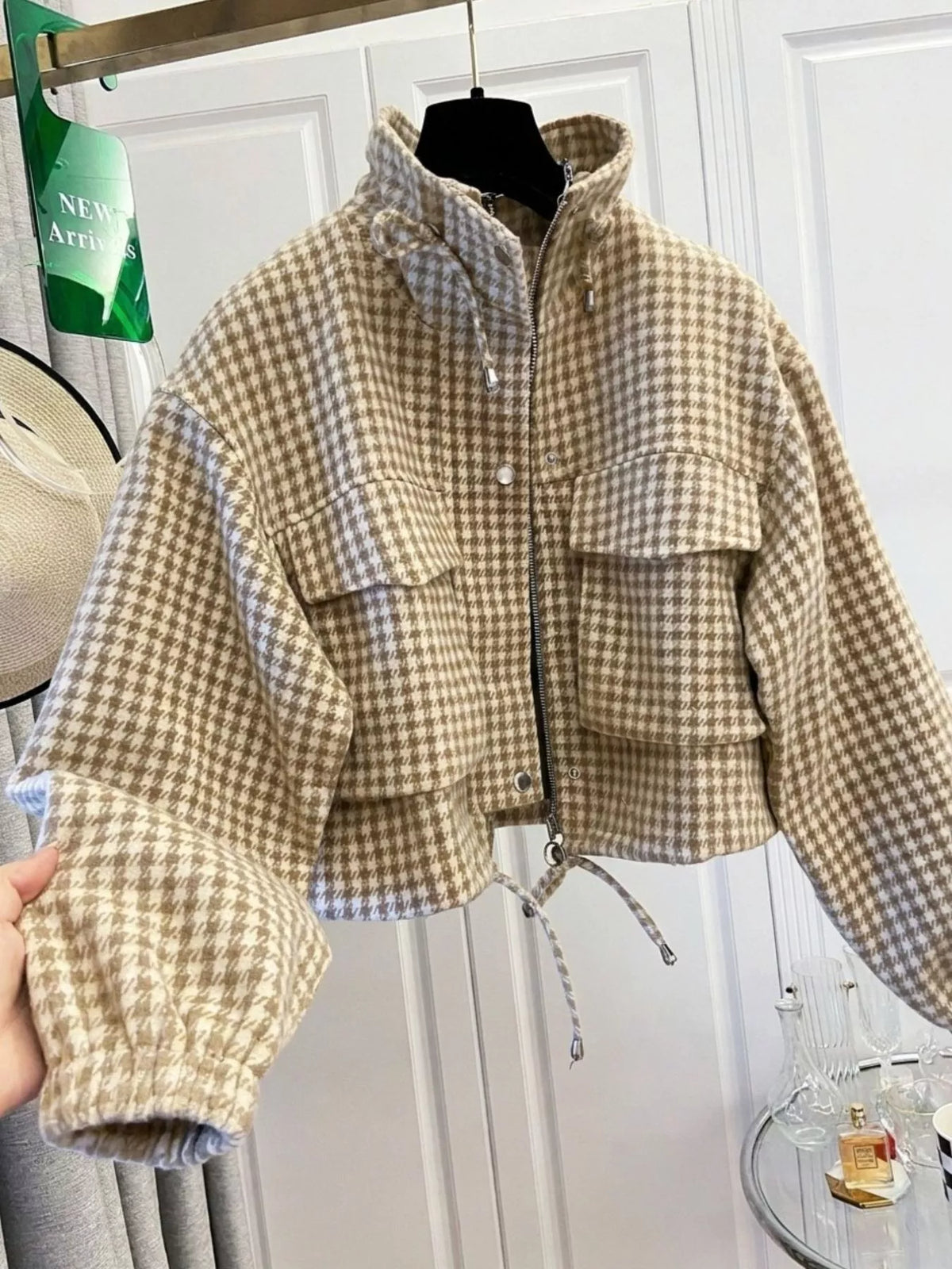 Apricot plaid cropped zip-up jacket