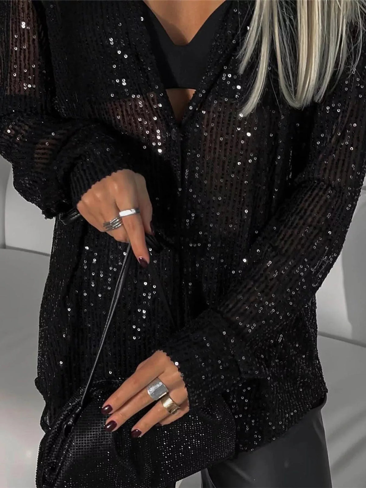 Black sequin button up long sleeve shirt