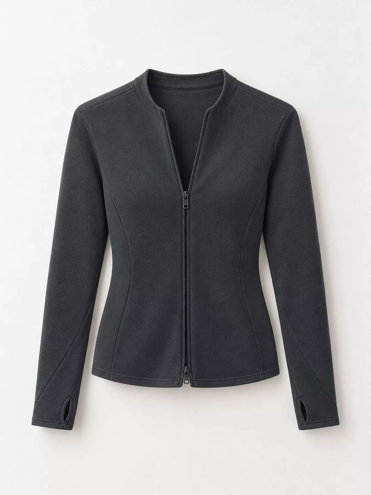Charcoal slim-fit zip-up long sleeve jacket — front view