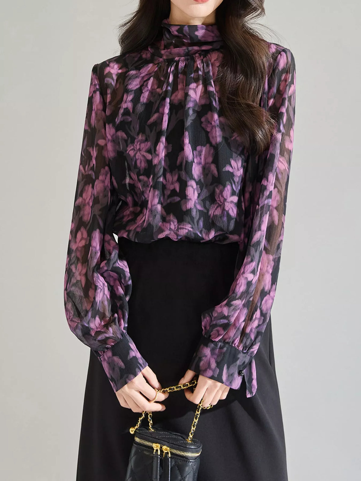Floral Print Chiffon Blouse with Tie-Neck Detail, detail view in purple