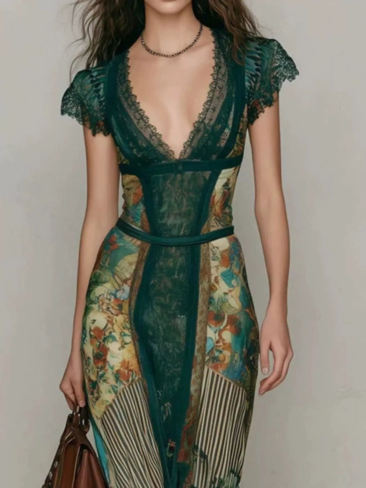 Green lace detail cap sleeve maxi dress