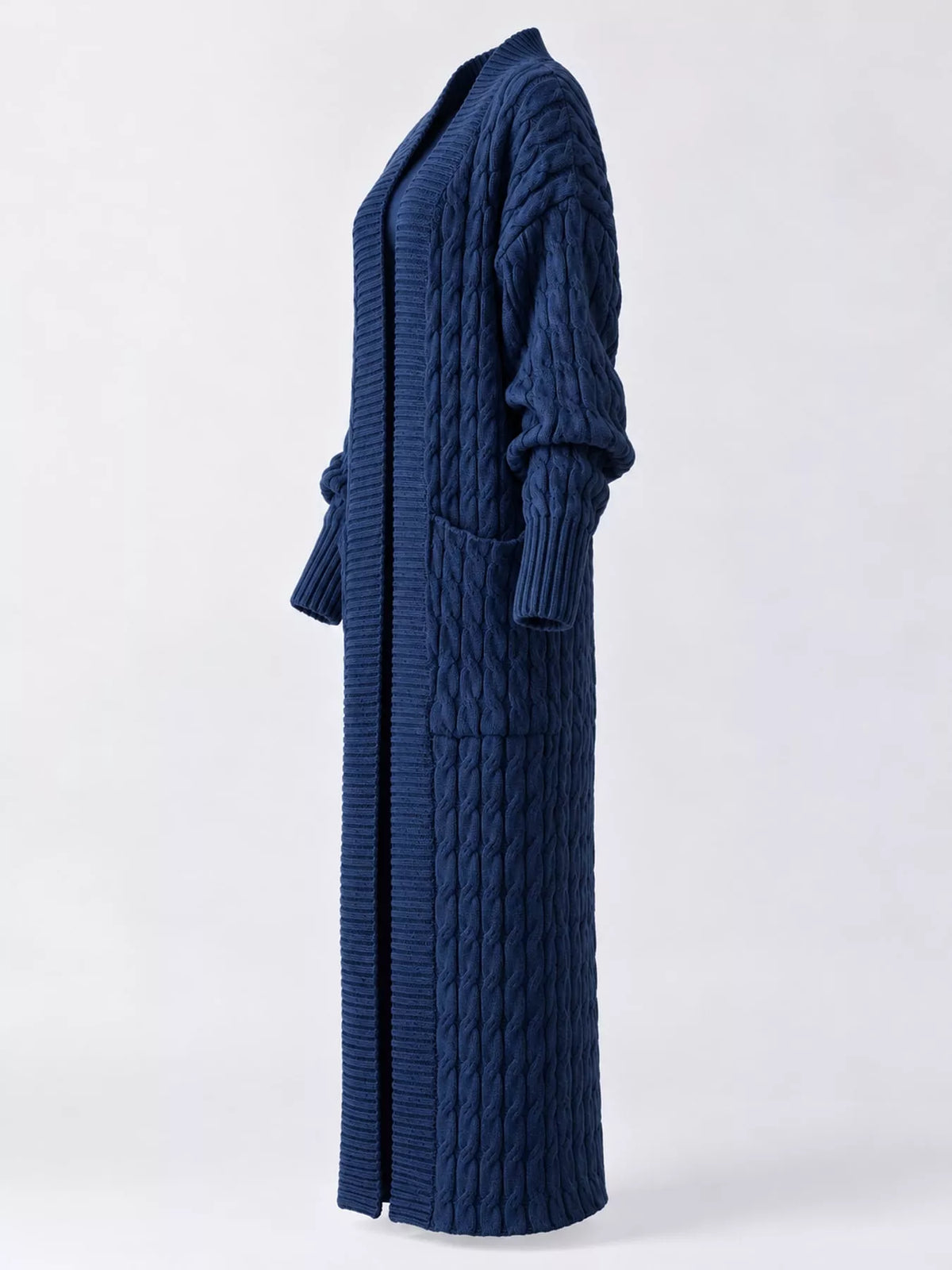 Denim Blue cable-knit longline open-front cardigan