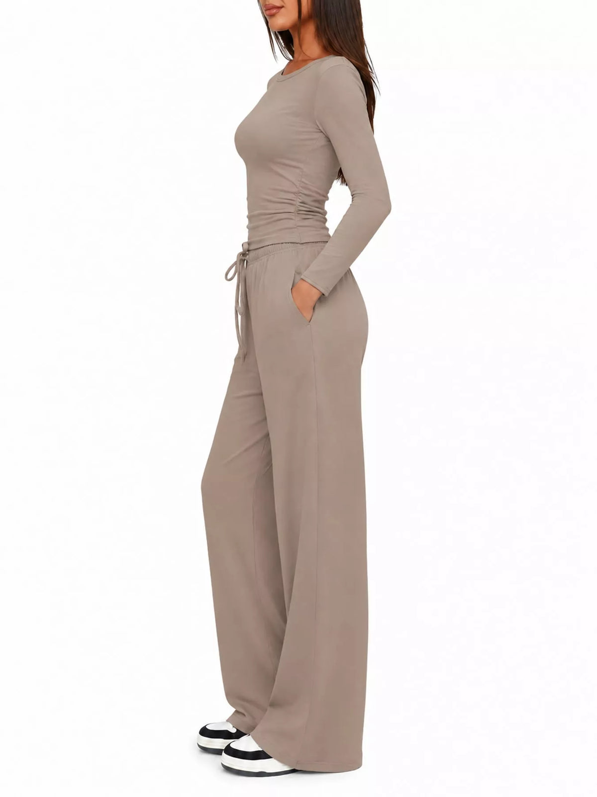 Long Sleeve Top and Wide-Leg Drawstring Pants Set — side view
