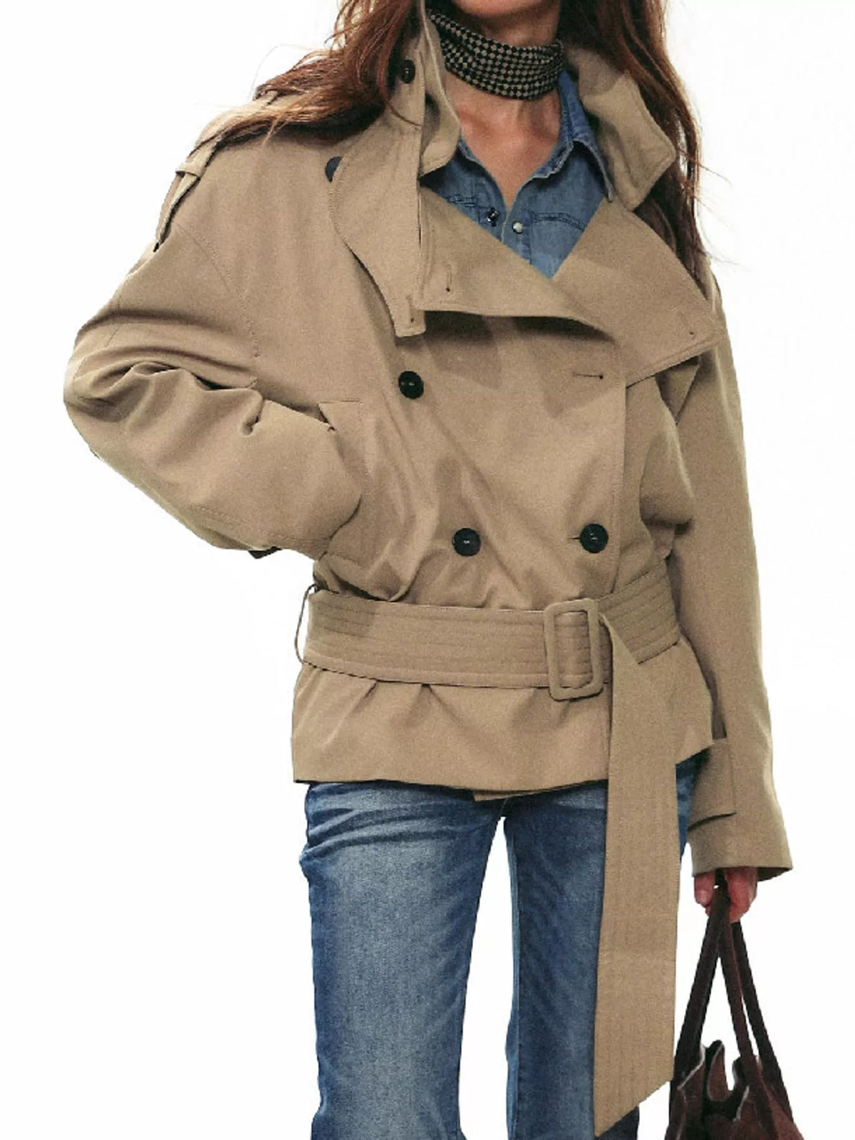 Women's Belted Waist Button Up Trench Jacket in beige — front view