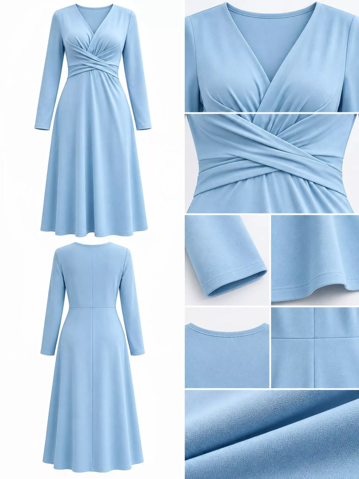 Light blue long sleeve ruched-front midi dress, neckline waist and construction details