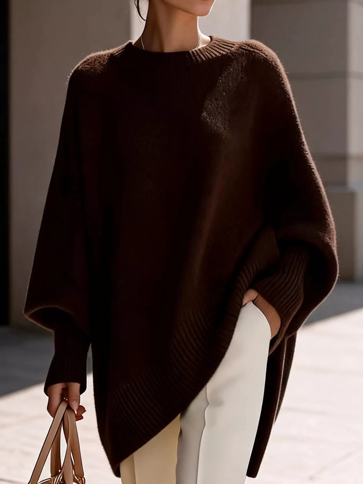 Ribbed Knit Dropped Shoulder Sweater in sandalwood brown
