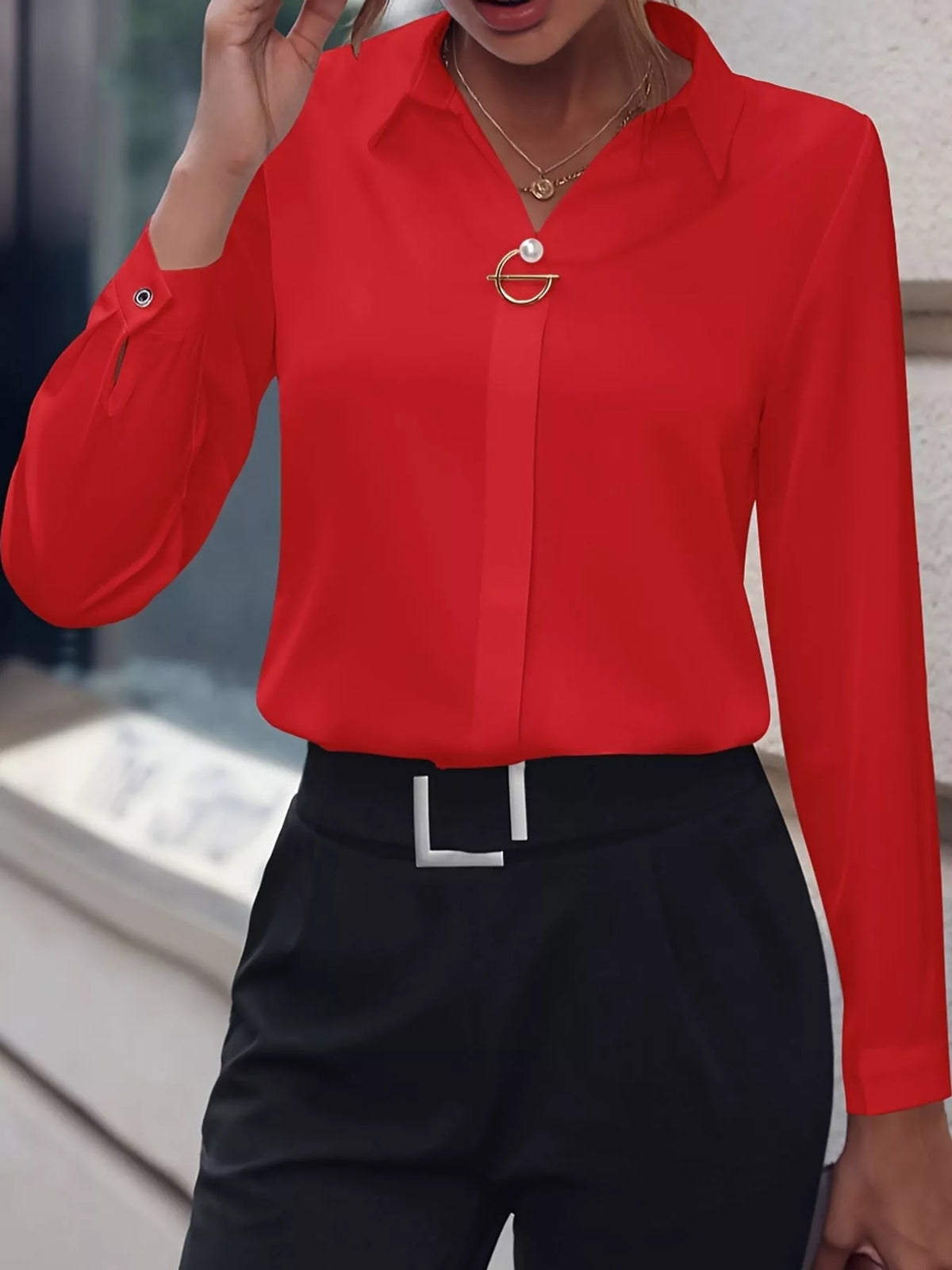 Women's Collared Clasp Detail Long Sleeve Satin Blouse in red — front view